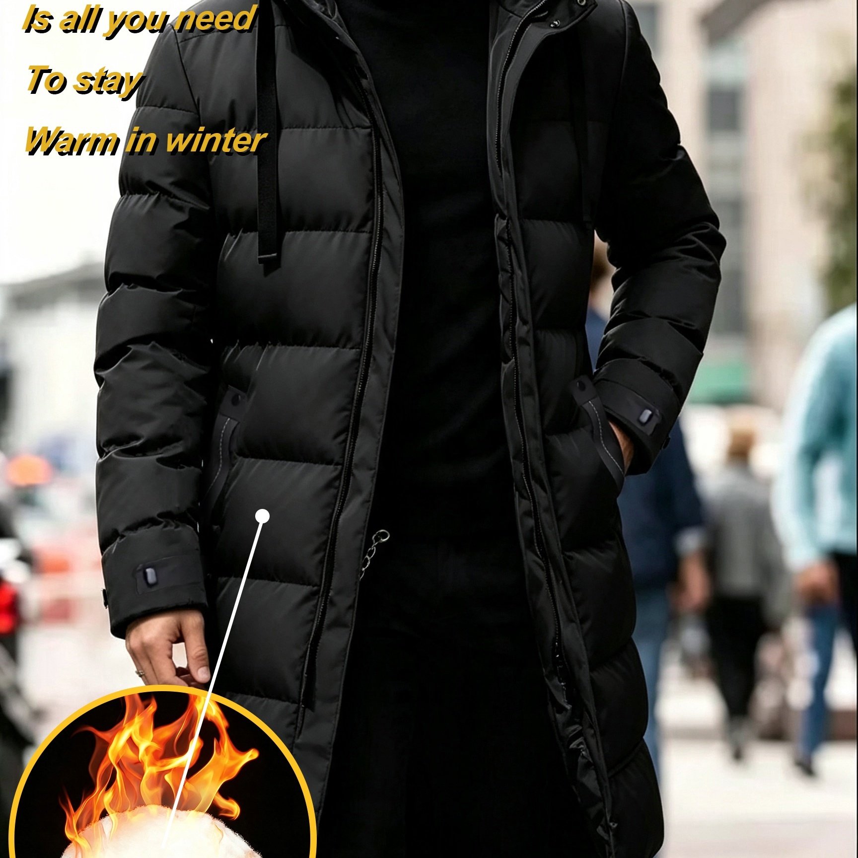 TEMU Men's Winter Warm Fleece-lined Hooded Jacket - Casual Solid Color, Suitable For Outdoor Rock Climbing And Mountaineering, Hand Washable,