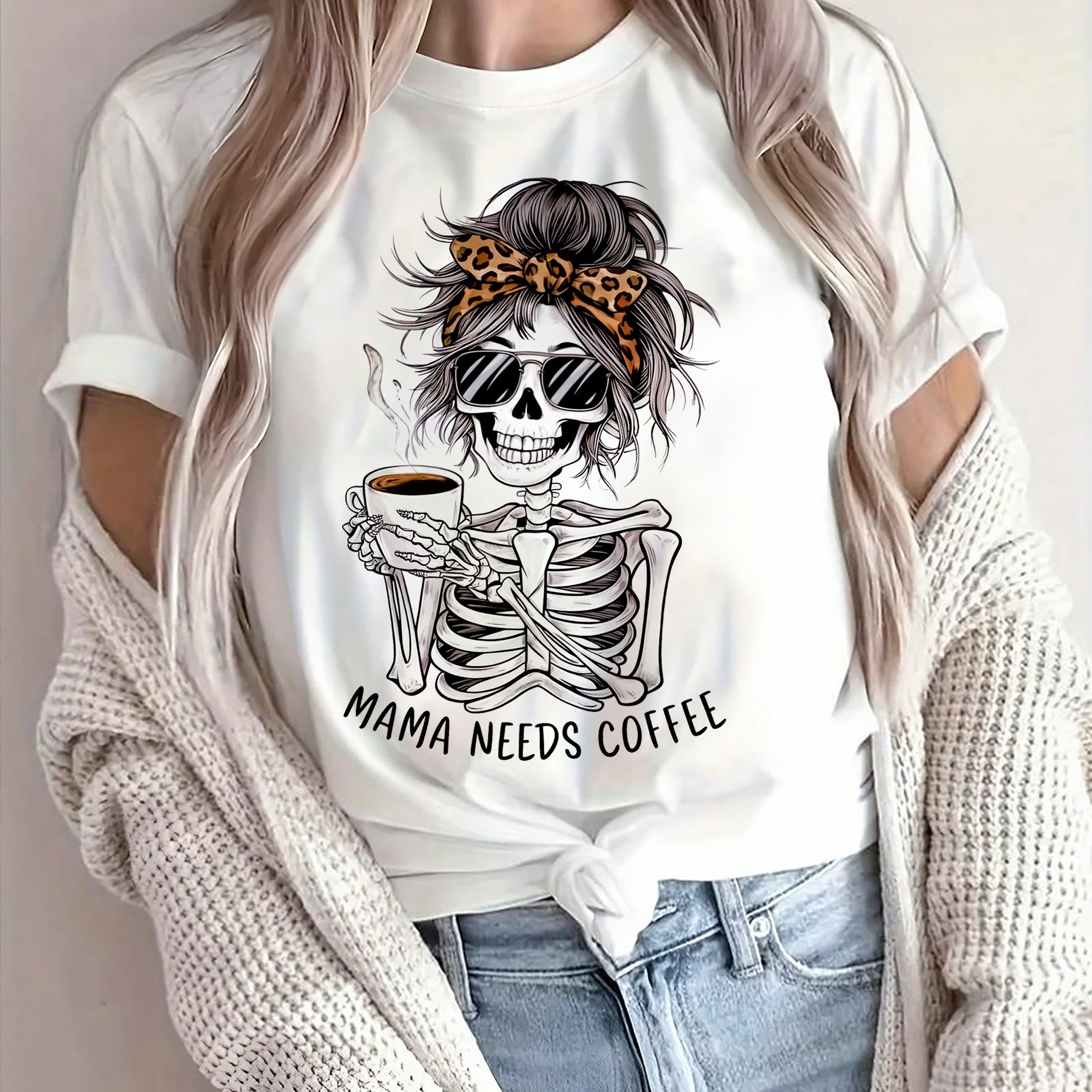 Image of Mom A Coffee-themed Halloween T-shirt Featuring A Skull Print, Perfect For Casual And Festive Outfits For Women, With Short Sleeves