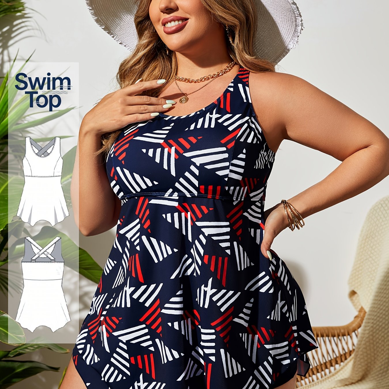 Image of Women's Plus Size Tankini Swimsuit, Mature Style, Geometric Pattern Print, One-piece Top With Skirt, High Stretch Fabric