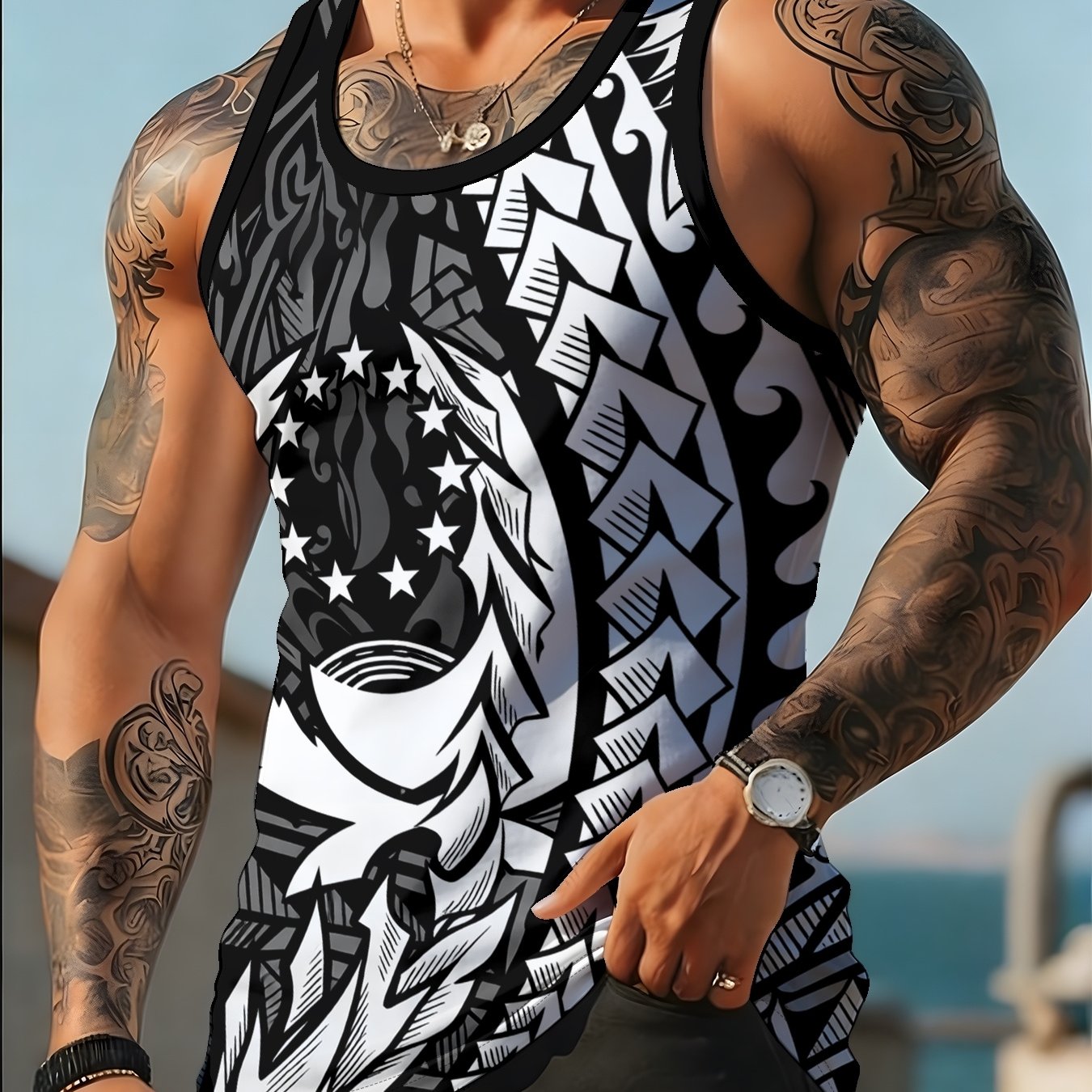 TEMU Men's Casual Round Neck Sleeveless Vest Top Geometric Print Wear