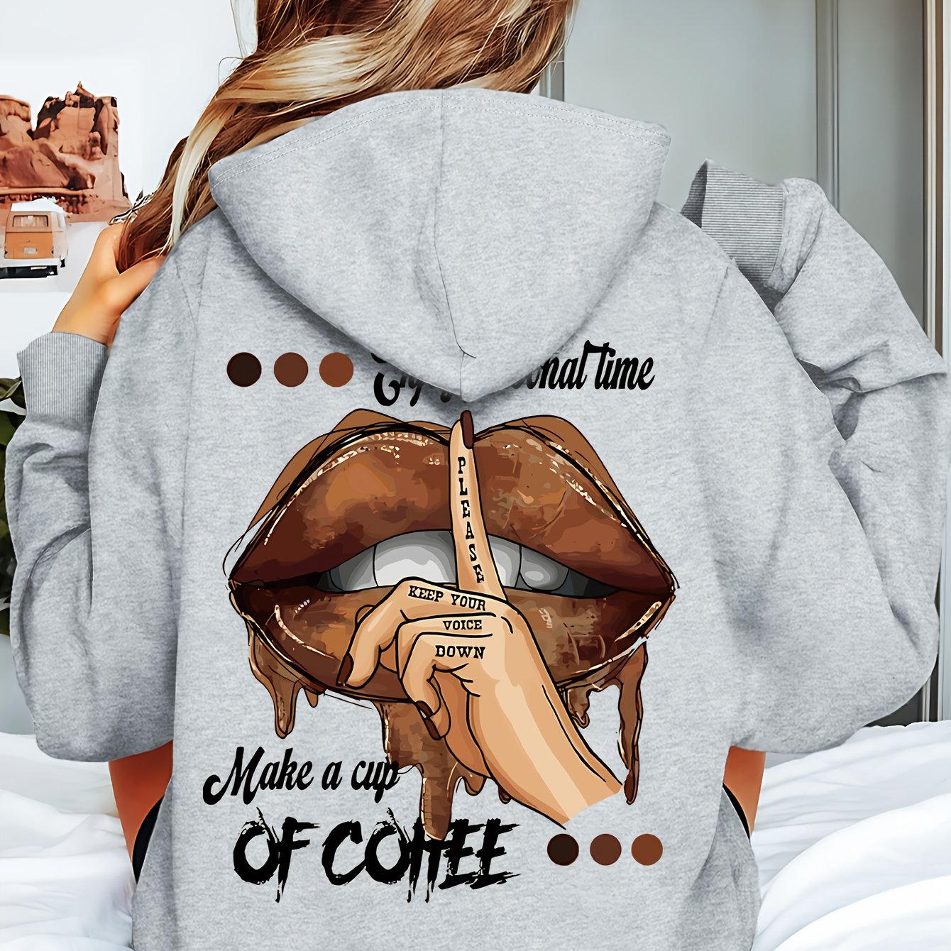 TEMU Women's Fashion Casual Lip Letter Double-sided Print Hooded Sweatshirt