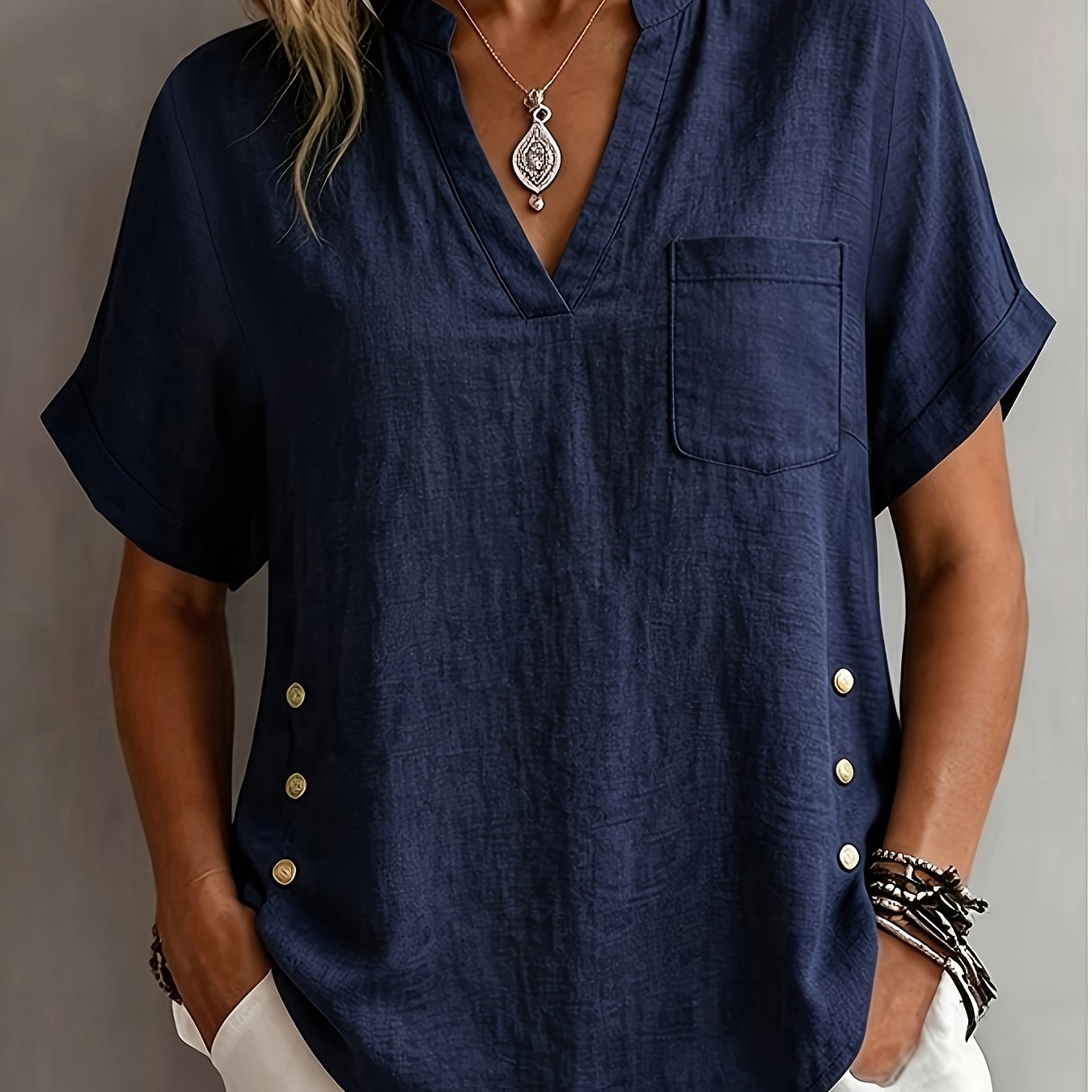 TEMU Plus Size, New Stylish And Elegant Optional Half-open Cardigan Short-sleeve Tunic Versatile Plus-size Women's Shirt