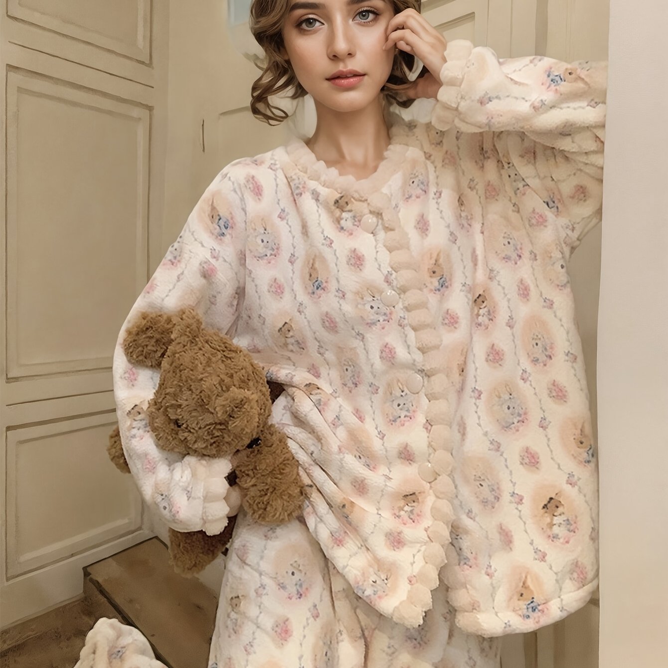 TEMU Coral Fleece Pajamas Women's Autumn Winter Thickened Warm Long Sleeve Long Pants Cute