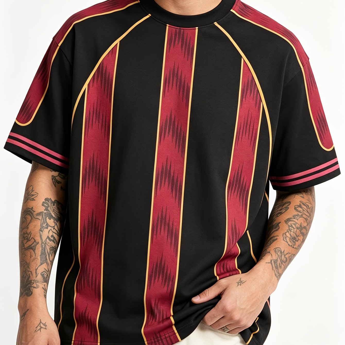 TEMU Plus Size Black Red Striped T-shirt - Gradient - Polyester Short Sleeve - Summer Lightweight Top, Suitable For Western Plus Size Men's Wear -