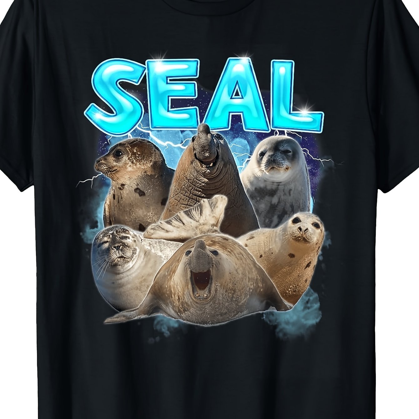 TEMU Retro Sea Lion T-shirt - Funny Suitable For & Daily Wear, Machine Washable Casual Tee With Sea Lion Graphic, Humorous Shirt For Parties, Round