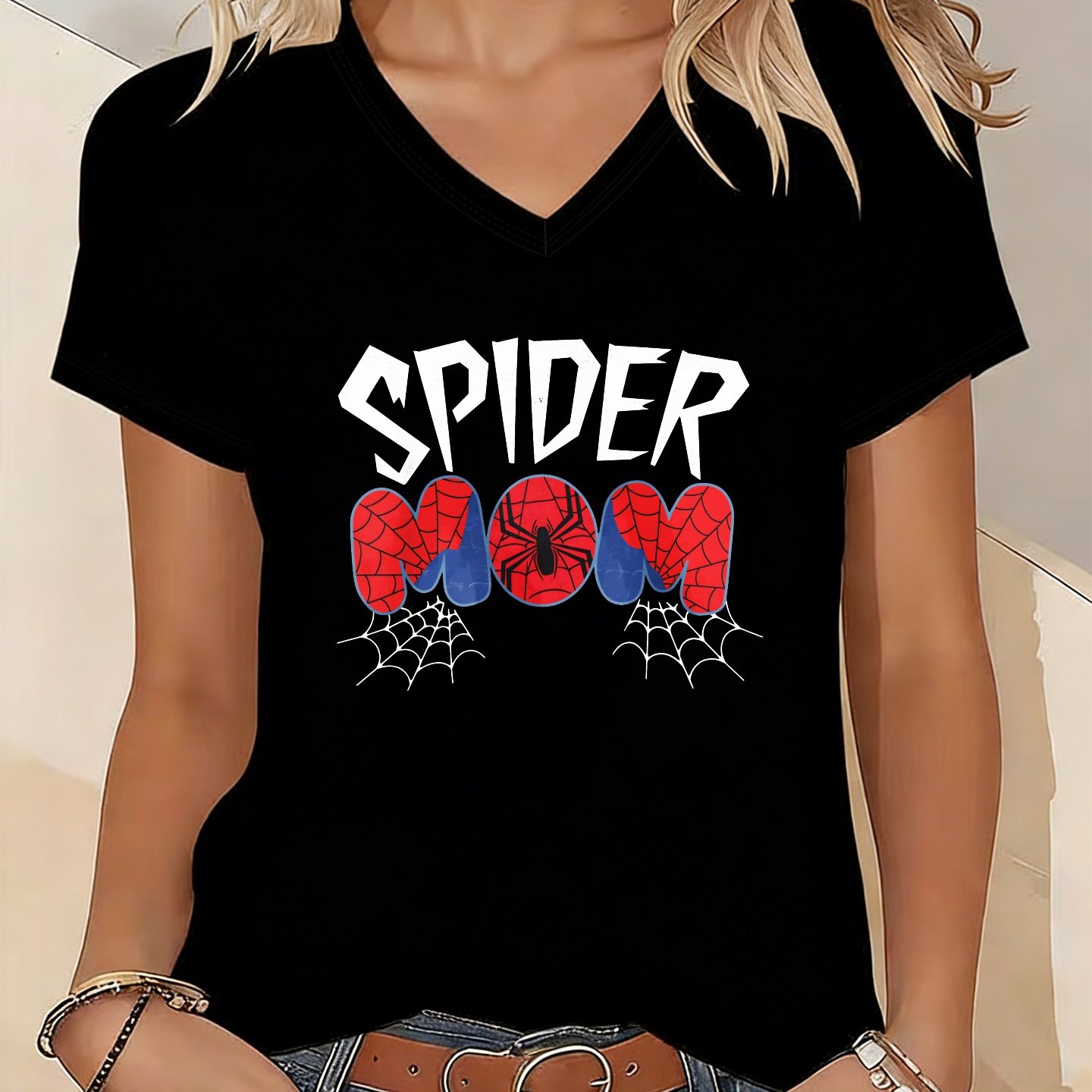 TEMU Women's Elegant V-neck Short Sleeve T-shirt - Spider & Mom Lettering Blouse-compatible Top | Medium Stretch Suitable For Travel, Beach, Dates |