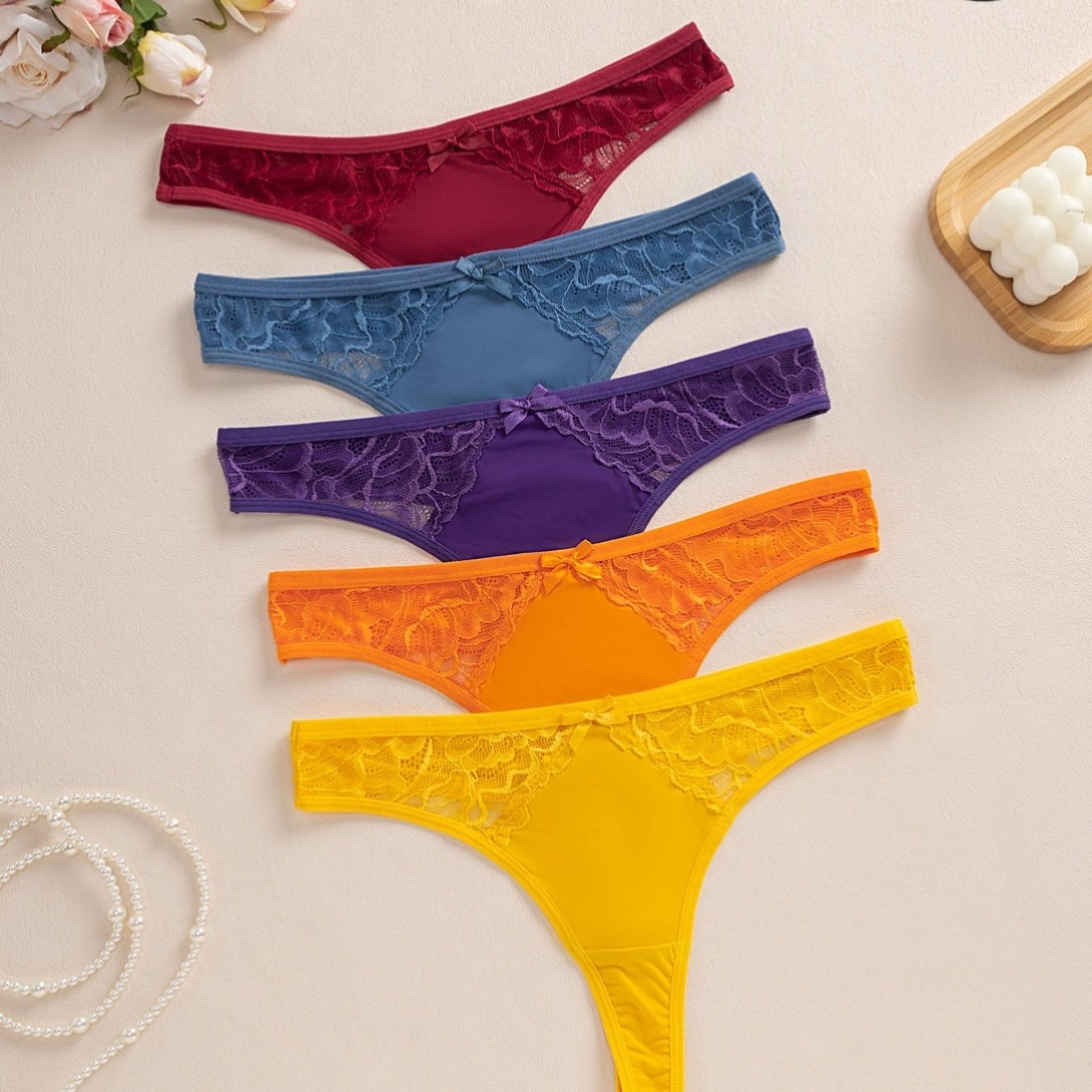 TEMU 5pcs Women' Color Lace Trim Panties, Comfortable, Lightweight, And Soft Fabric, Low-waist Underwear, Breathable And Comfortable, Suitable For
