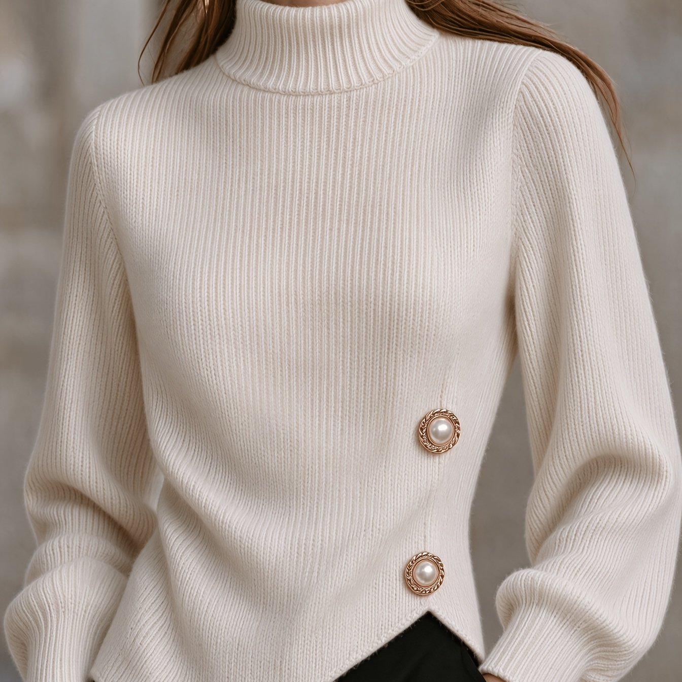 TEMU Women's Half-turtleneck Sweater With Side , Vertical Ribbed Stripes, Irregular Diagonal Hem, Long Sleeves For Autumn/winter