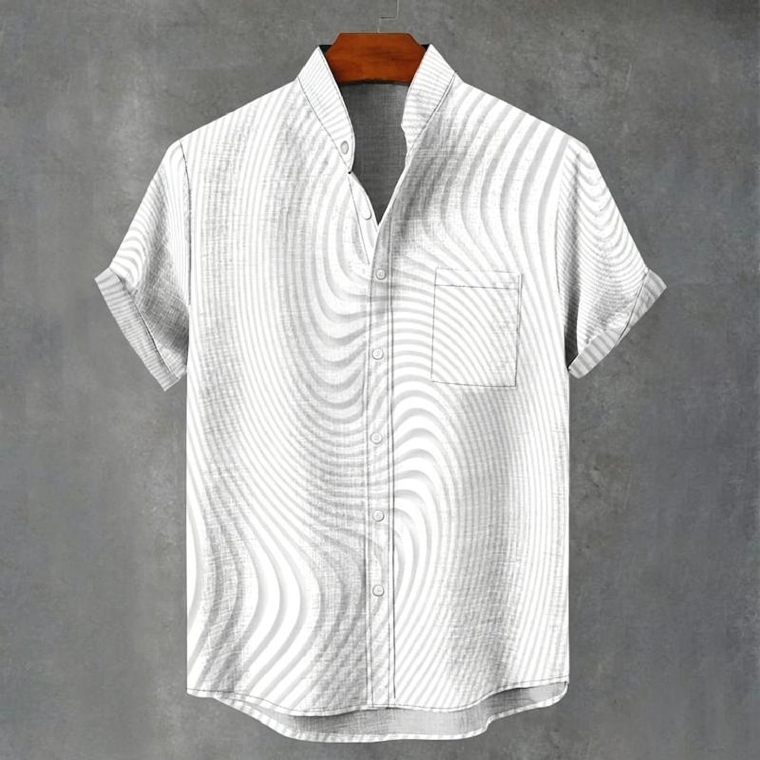Men's Stand-collar Pocket Shirt, Polyester Fabric, Mixed Colors, Multiple Sizes , Wavy Pattern Short Sleeve, Button-front, Rolled Cuffs, Stylish Casual Streetwear, Hung On