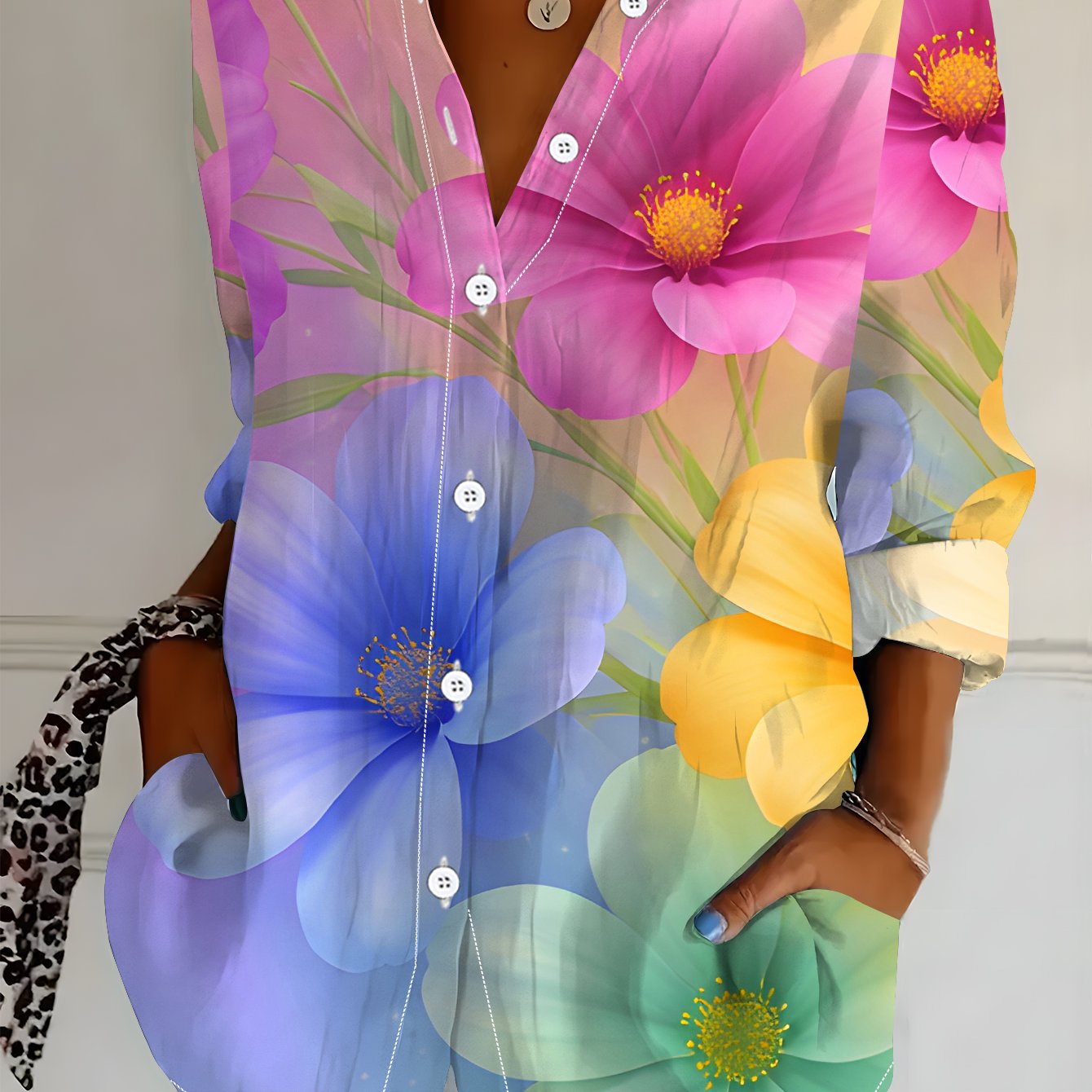 TEMU Plus Size, Plus Size Women's Long Sleeve Shirt, Colorful Floral Style Loose Fit Printed Blouse, Romantic Flower Embellished Midi-length Long