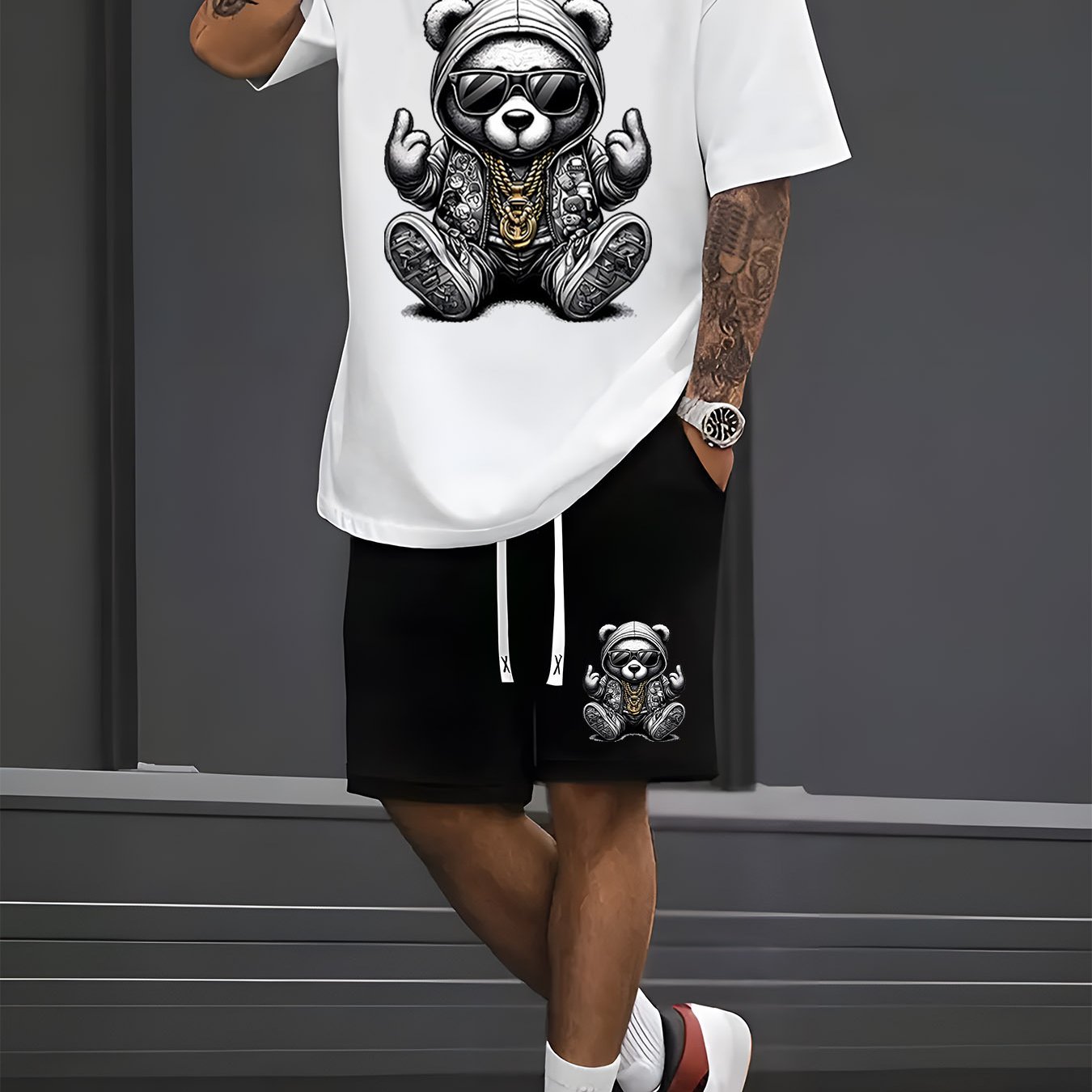 TEMU Steel Bear Print Men's Short Sleeve T-shirt And Waistband Shorts 2pcs Set Casual Sports Regular Top And Pants Suit, Suitable For Spring And