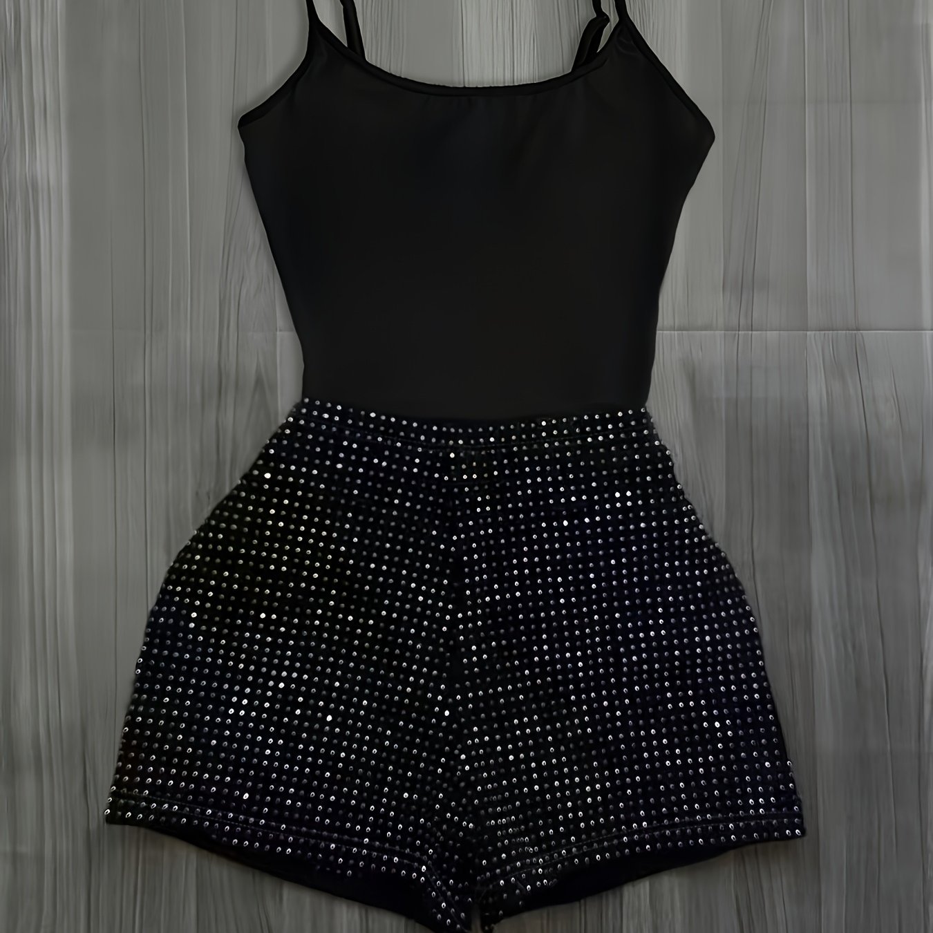 E-shop 2er-Set Hosen, Damen Tanktop in Unifarben und figurbetonte Shorts mit Strass