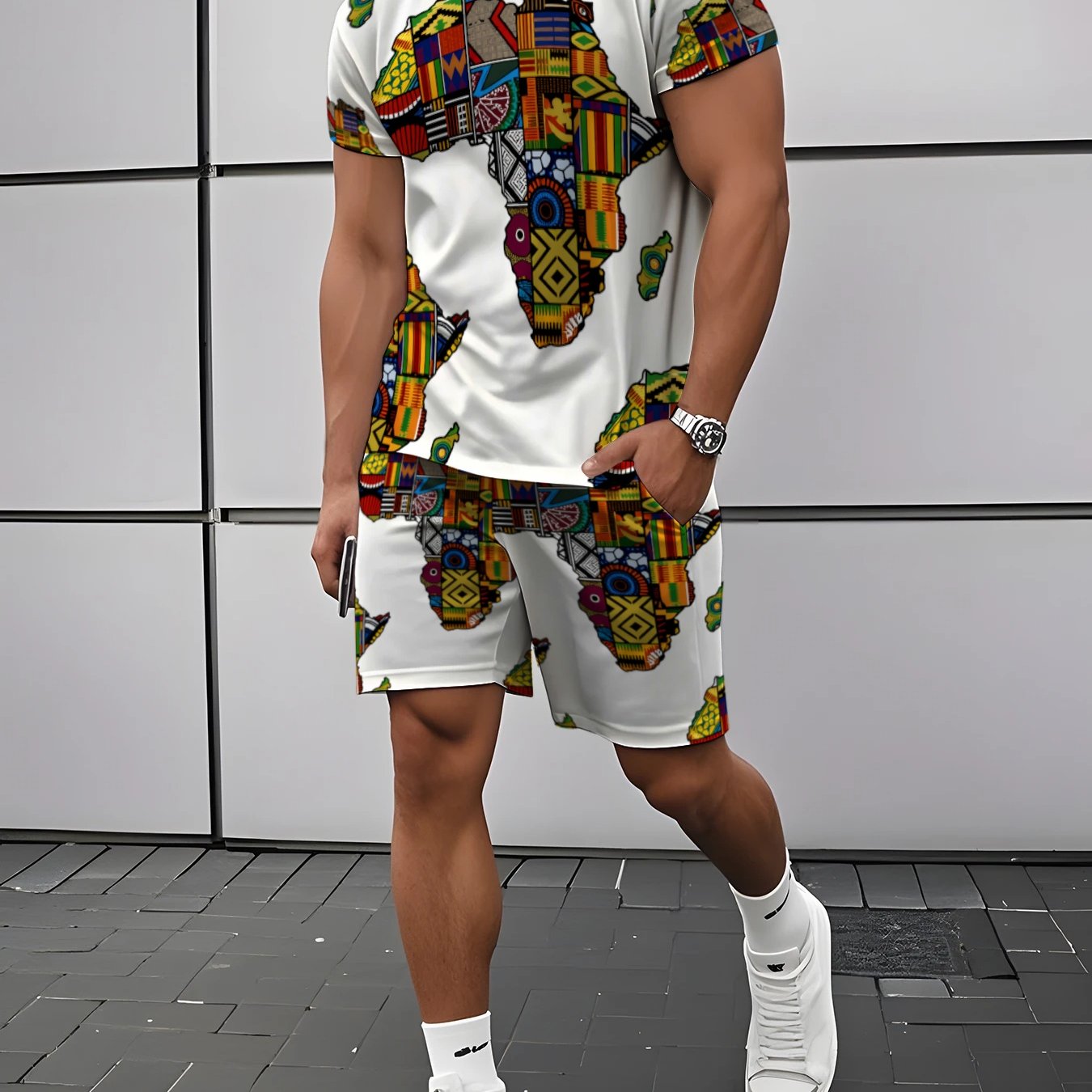 TEMU Men's African Print Short-sleeve Set, Casual Sporty 2pcs Outfit, Summer Trendy Men's Fashion