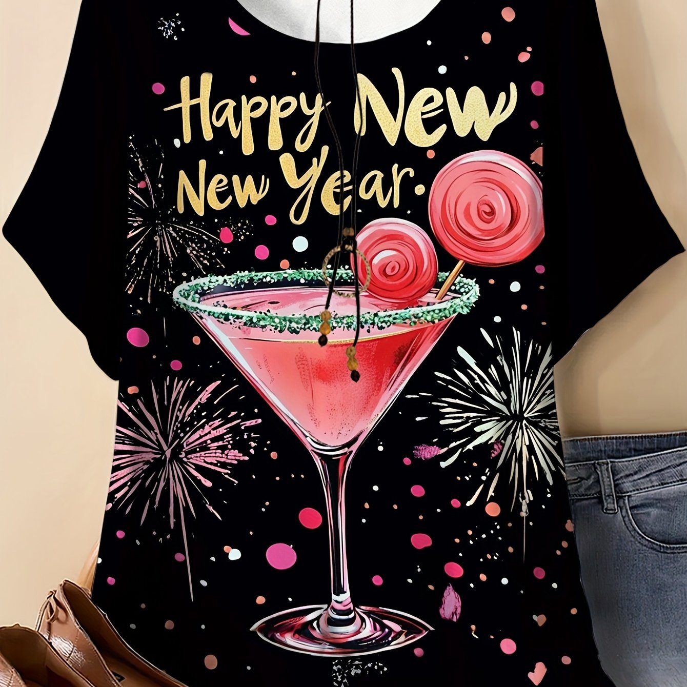 TEMU Plus Size - Plus Size - Women's Casual Short-sleeve T-shirt Featuring A New Year Celebration Design - A Under Fireworks, Medium Stretch, Machine