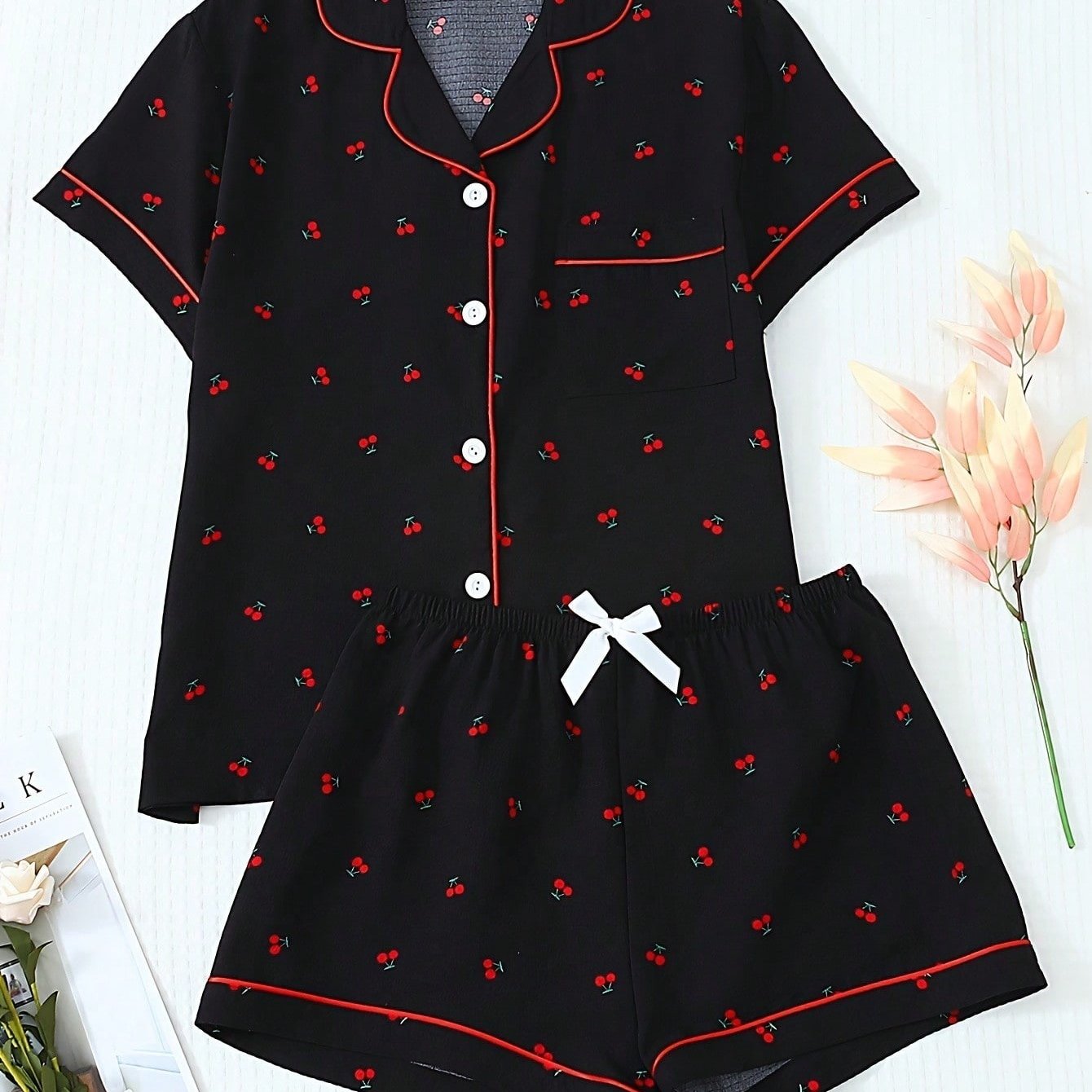 TEMU A 2pcs Women's Print Summer Pajama Set, Featuring A Short-sleeve Button-up Cardigan With A Collar And Bow Shorts, Perfect For Wear And Summer.