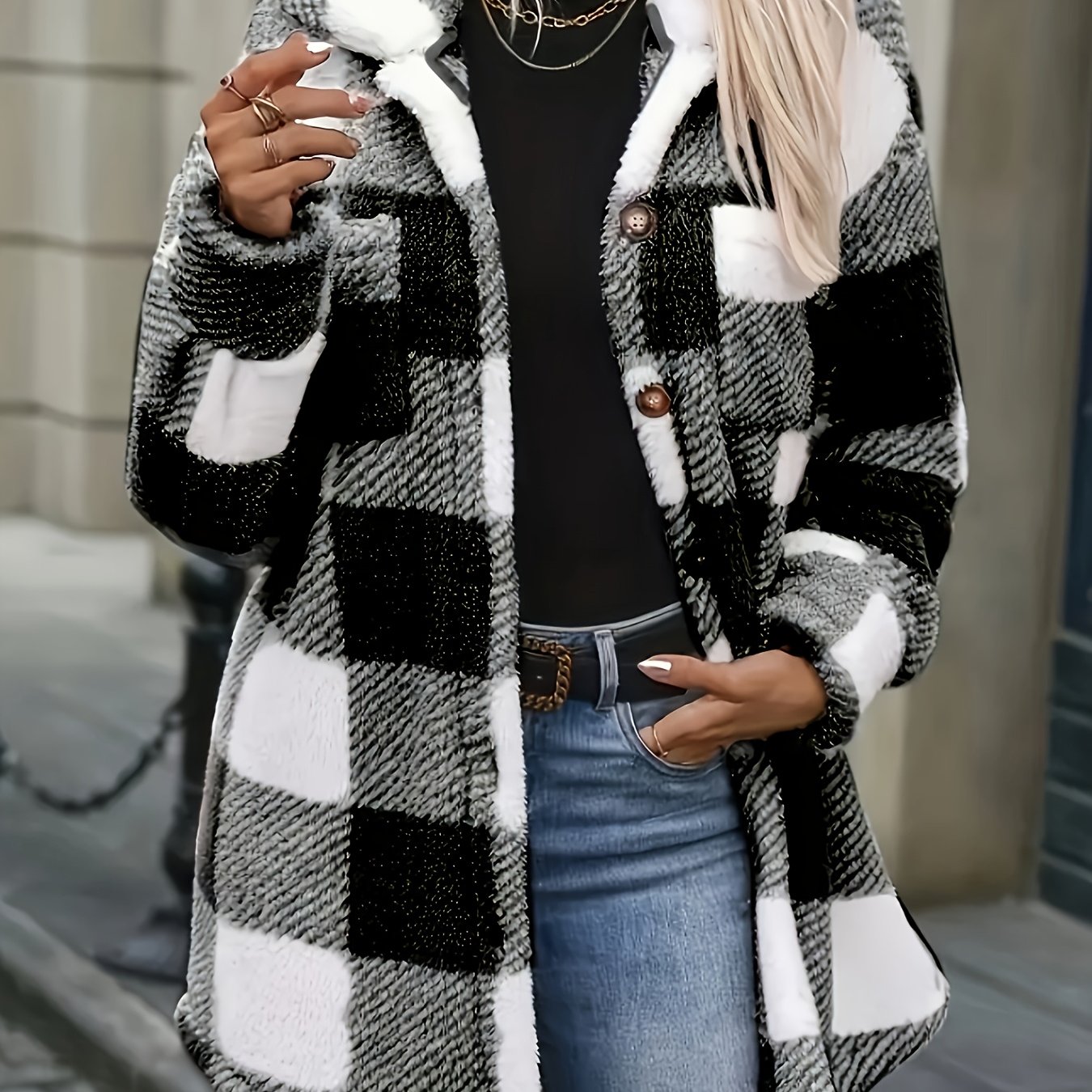 E-shop Eleganter Plüsch-Wintermantel für Damen - schwarz-weißes Hahnentritt-Muster, Kragen & Knopfleiste, weiche warme Oberbekleidung (Maschinenwäsche)