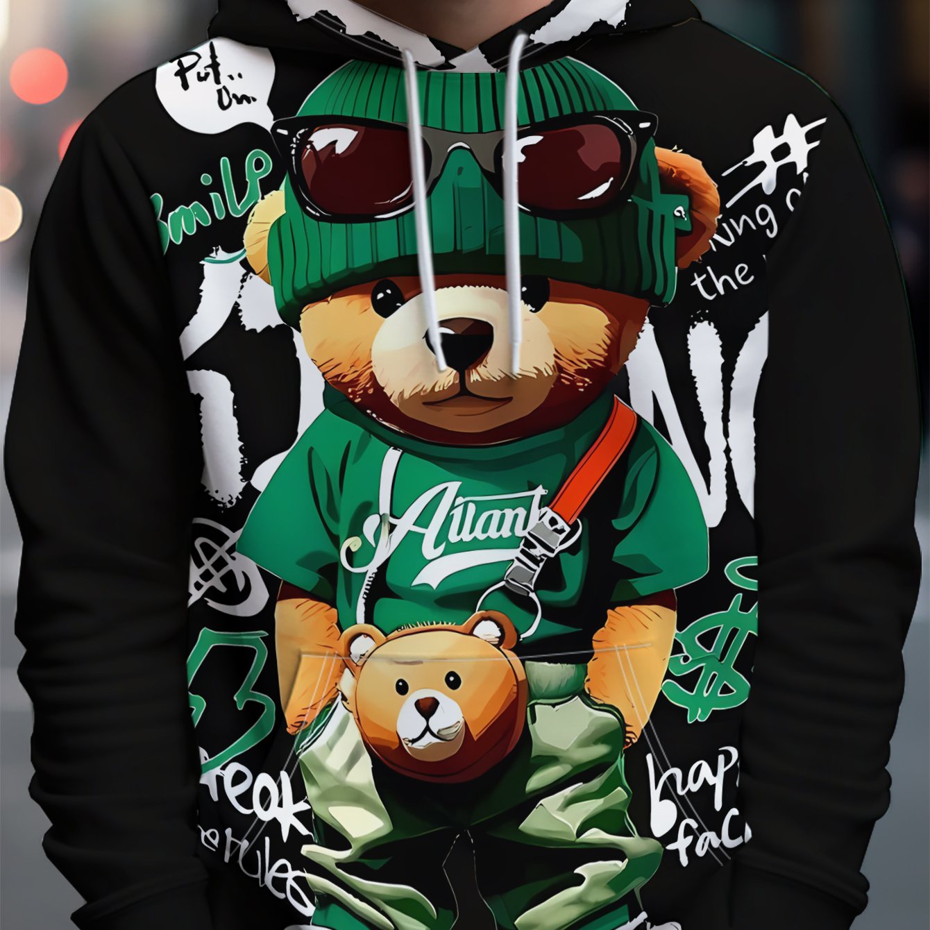 TEMU Men's Individual Style Hooded Sweatshirt, Wearing Green Hat And Sunglasses, Wearing Green Clothes And Shoes, Carrying Bear Bag, Graffiti