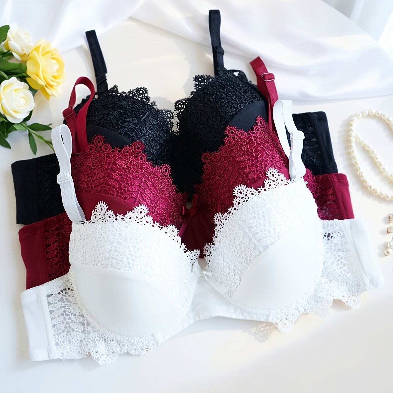 TEMU 3pcs Size Cd Cup Extended Size High-quality Women's Bra Solid Color Push-up Comfortable Thin Cup Sexy Women' Lingerie