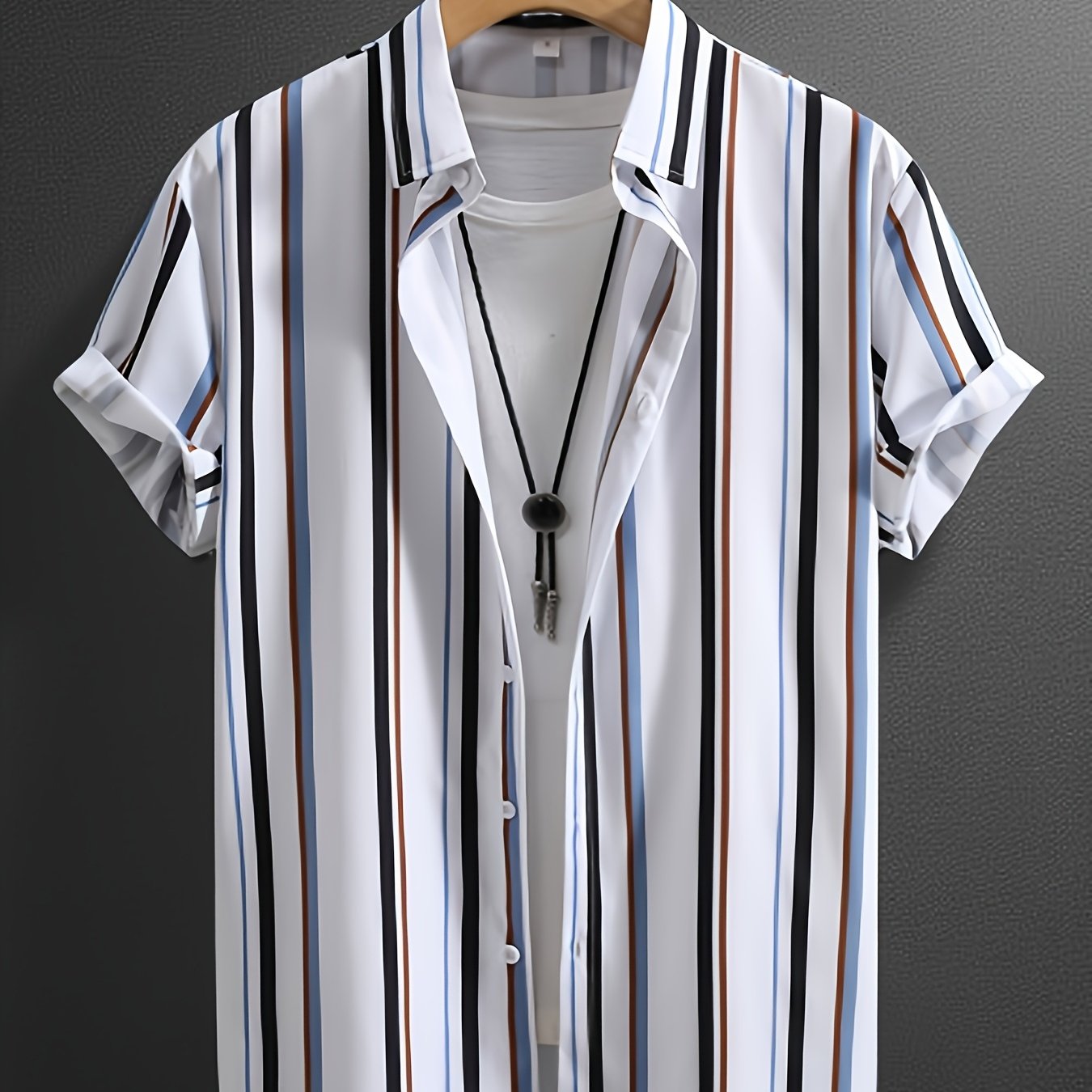 TEMU Men's Summer Short Sleeve Button-up Shirt - Cooling Fabric Lapel Collar Striped Suitable For Beach Vacations, Parties, Daily Wear | Non-stretch