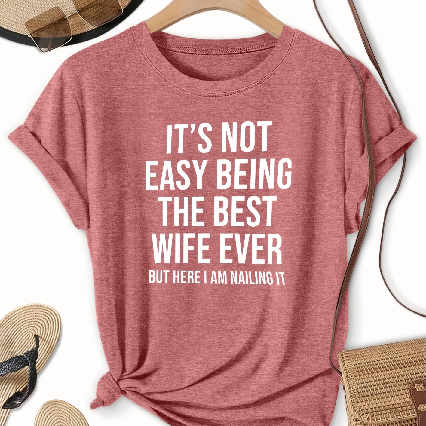 TEMU Elegant Women's Short Sleeve T-shirt | "best Wife" Print, Crew Neck, Vintage Style, Medium Stretch Fabric, Suitable For Spring/summer/fall,
