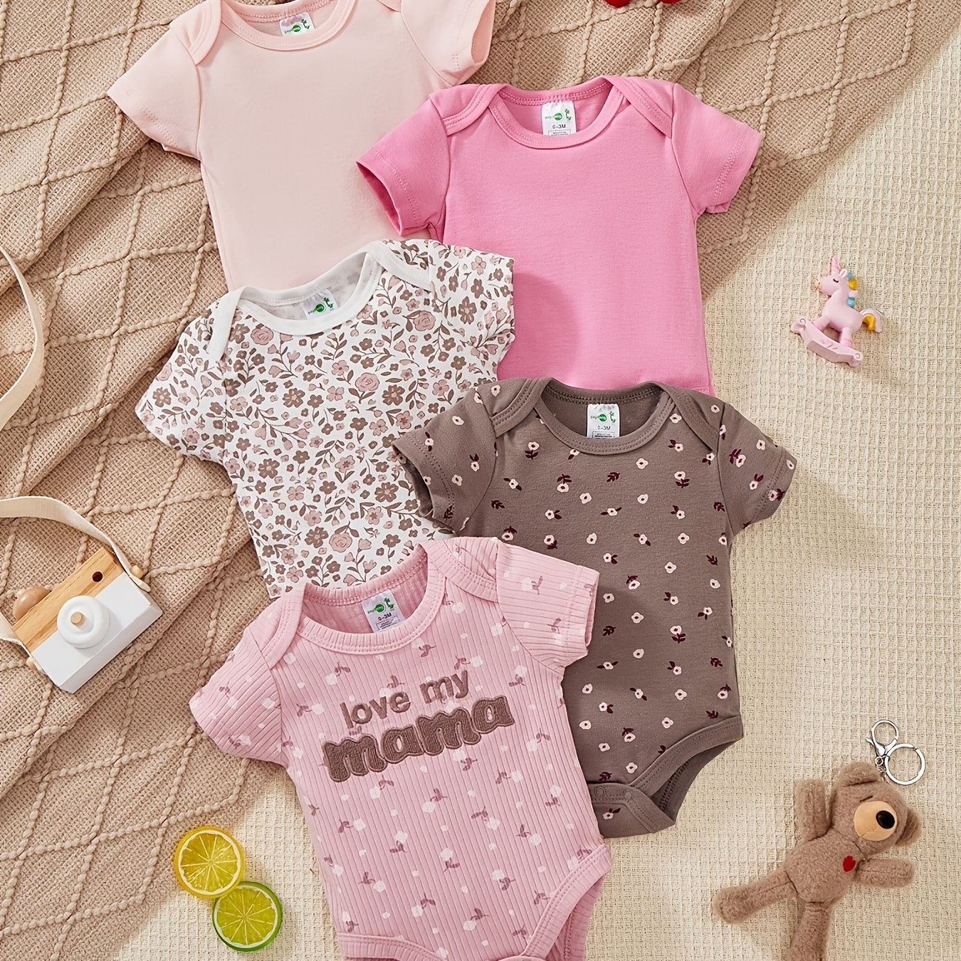 TEMU Newborn Short Sleeve Bodysuit 5pcs Set With Floral Print Embroidery Bodysuit, Aku Clothing Set For 0-9 Months Baby Outfits Suitable For Outdoor