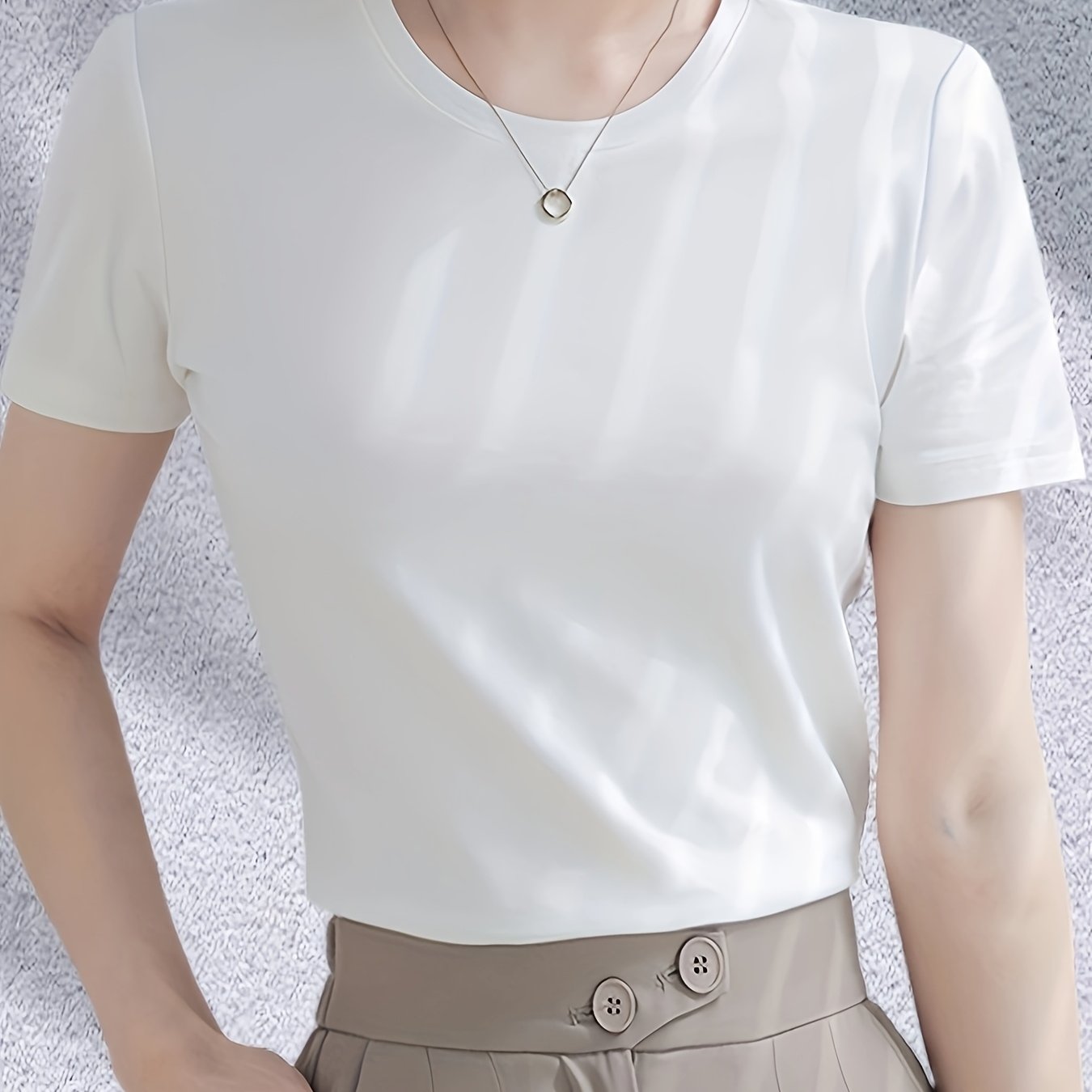 TEMU Round Neck T-shirt - Solid Color Round Neck T-shirt, Medium Stretch, Regular Sleeve, Spring/summer/autumn, Fabric, Polyester, 180g/m²