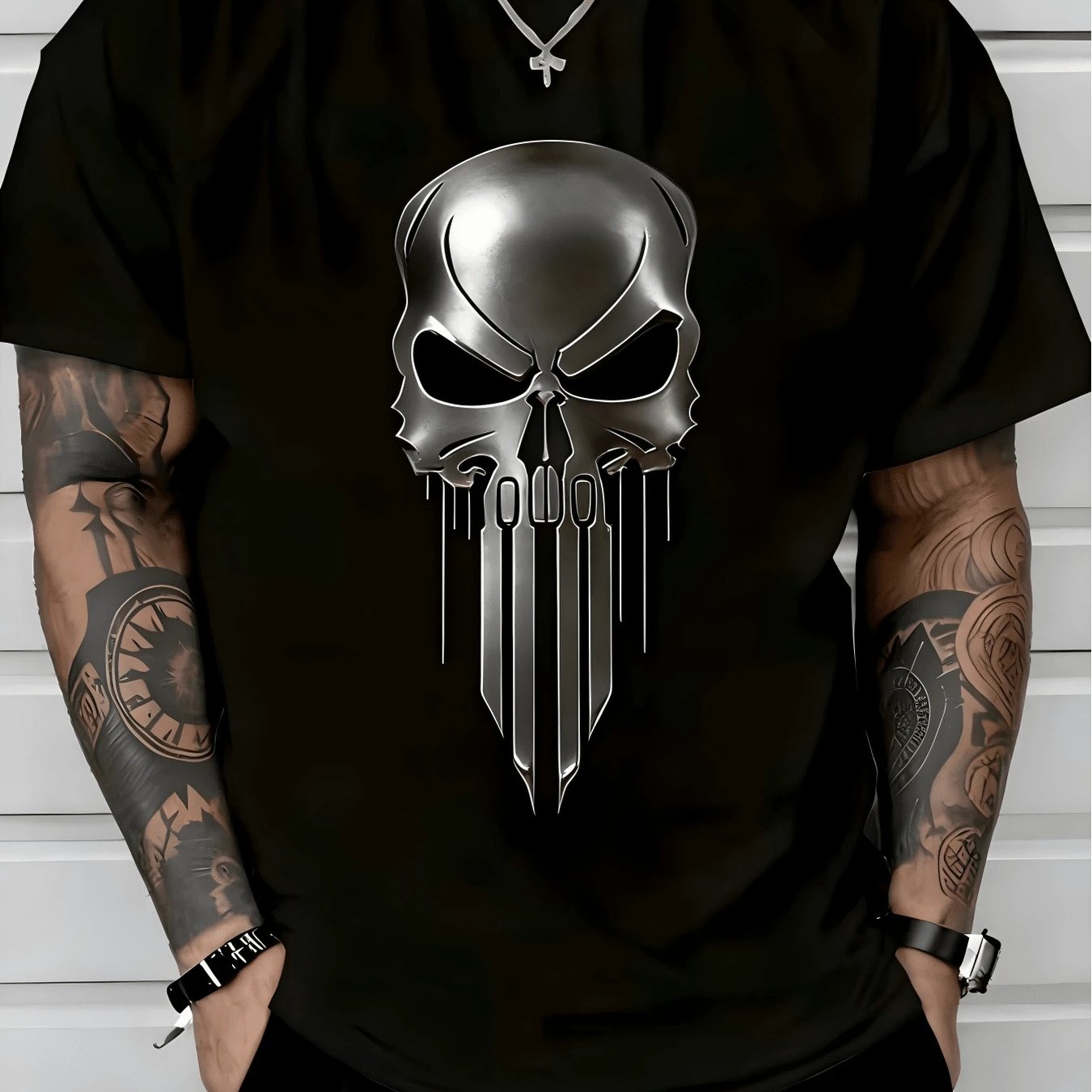 TEMU T-shirt Homme Noir Métallisé Punisher Crâne Graphique, Col Rond Manches Courtes Décontracté, Haut d'Été Léger, Cadeau T-Shirt