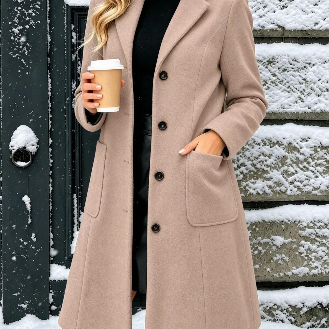 Image of Women' Color Long-sleeve Fashionable Jacket Coat, With Pockets Button- Lapel Casual Loose Long Outerwear, Elegant Minimalist Apparel For Office Work Gathering Holiday Vacation