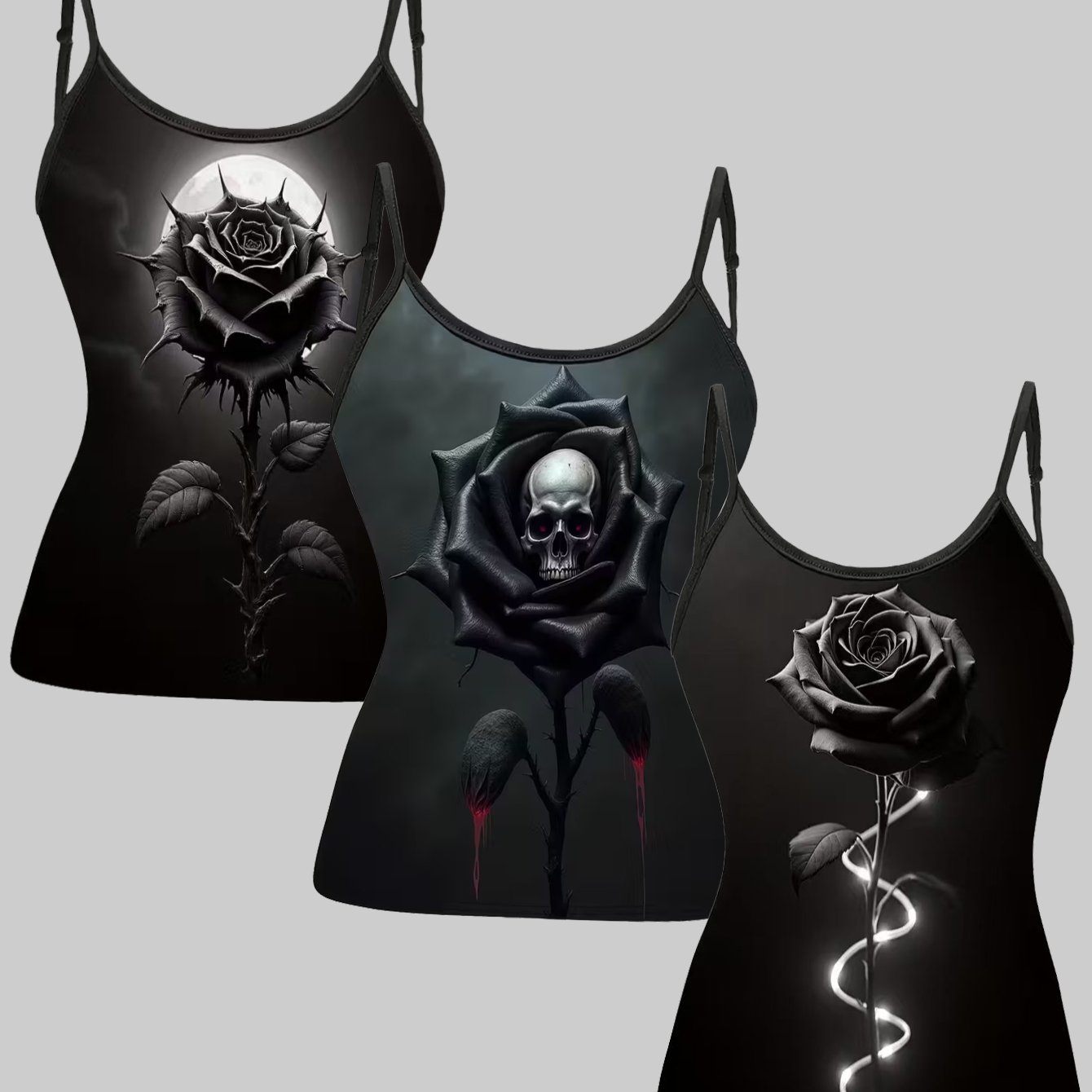 TEMU Plus Size - Plus Size - Plus Size 3pcs Set Featuring Skull Prints, A Gothic And Edgy Tank Top Ensemble, A Trendy Plus Size Women's Top