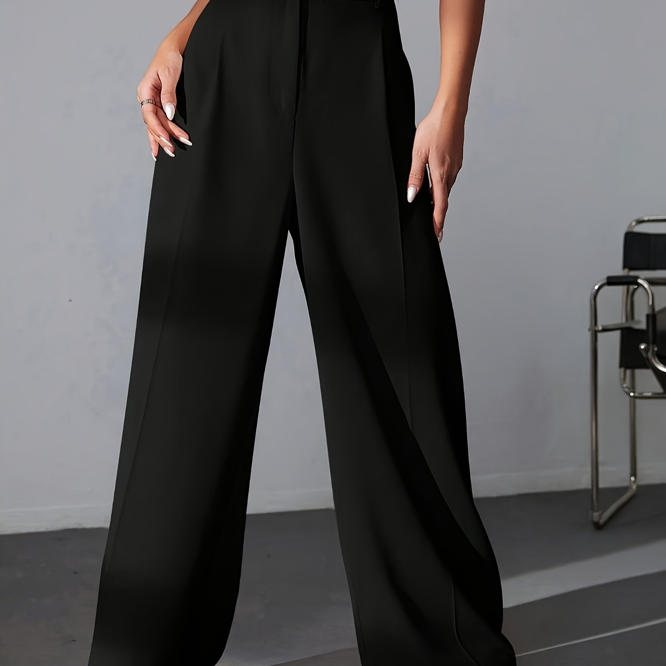 Oa112-1 Casual Versatile Solid Color High-waist Wide Leg Pants, Zipper And Button Natural Black Long Straight Women's Trousers