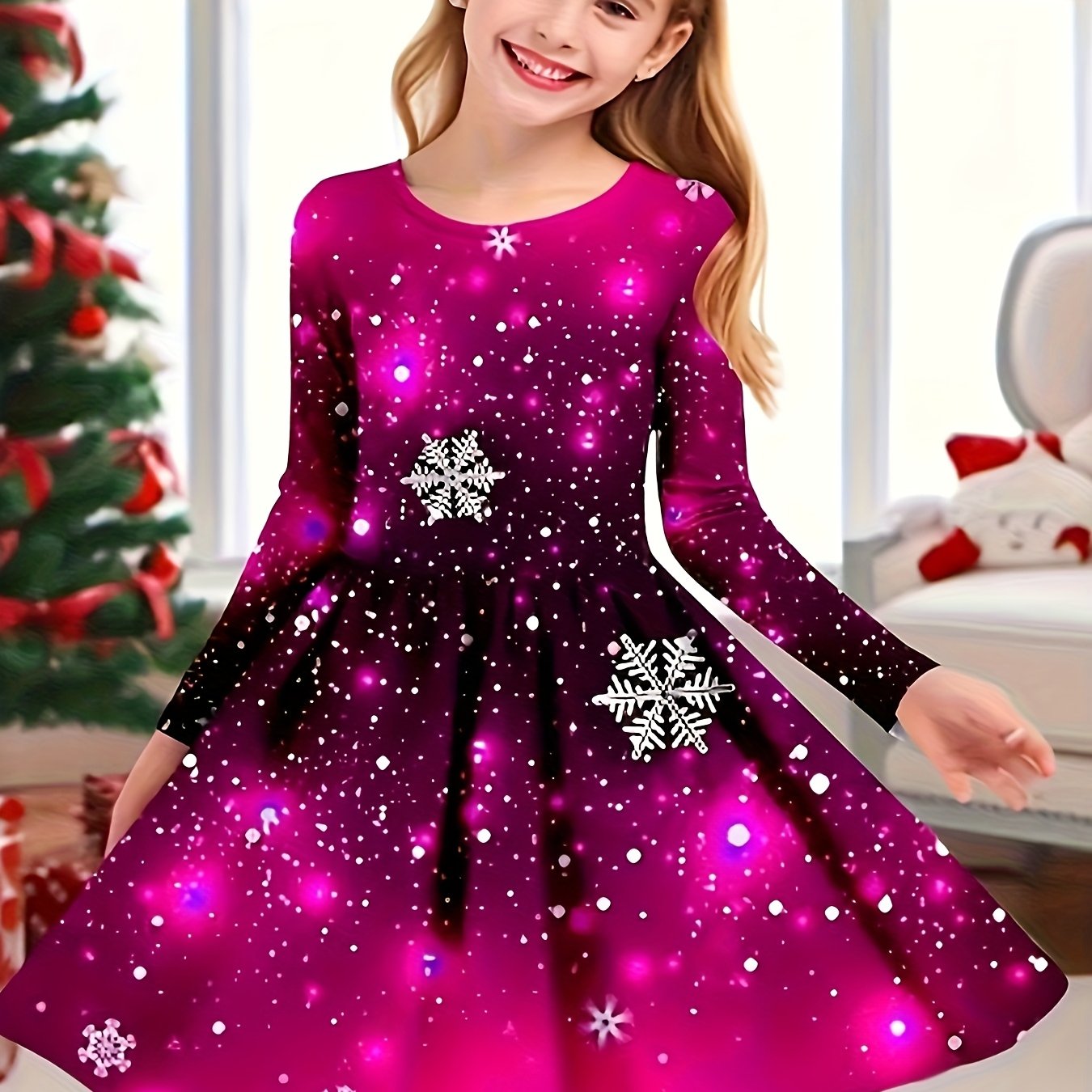 Image of Girls' Long-sleeve Dress With Snowflake Print, Suitable For Outdoor Daily Wear, Holidays, And Casual Beautiful