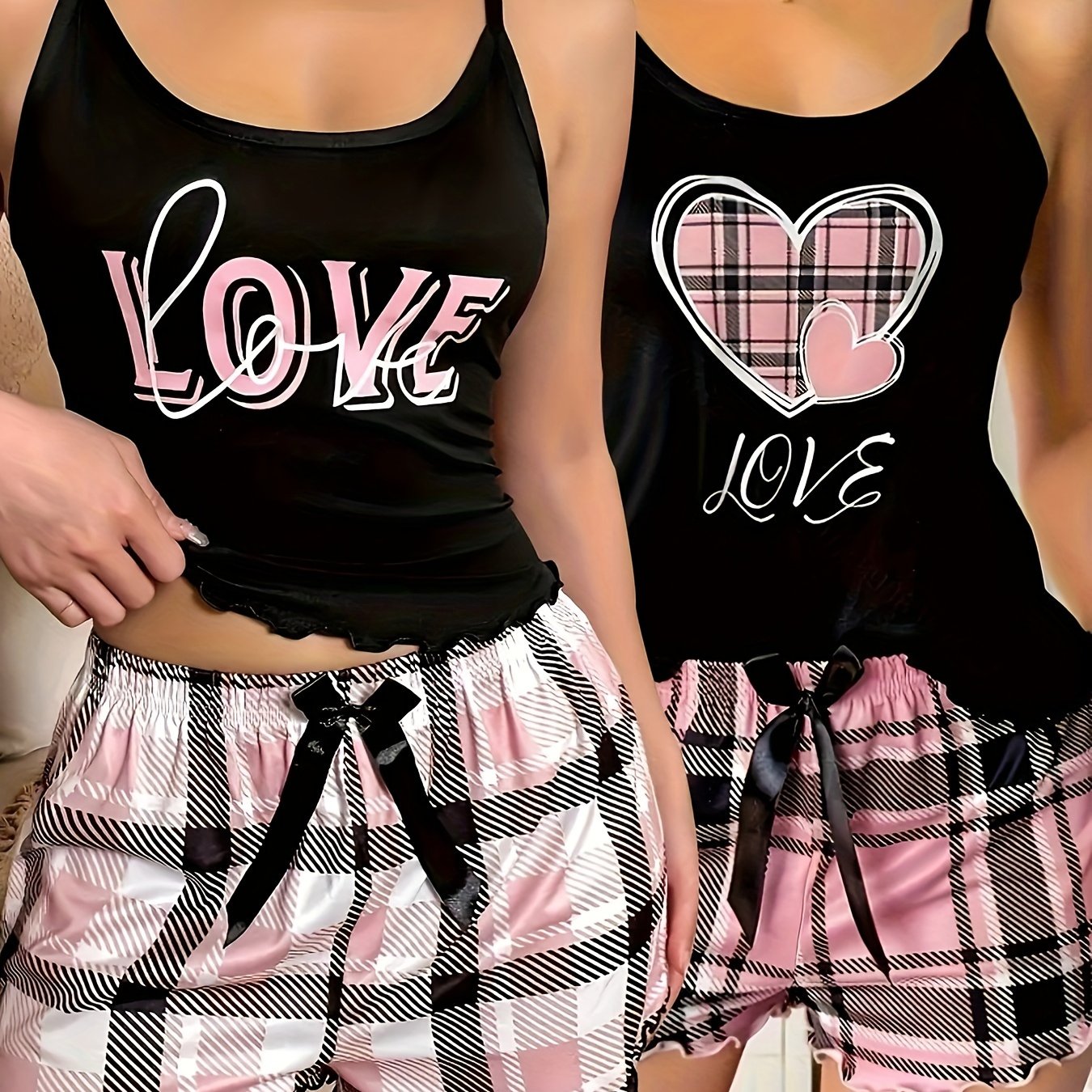 Women's Casual Pajama Letter Print Camisole And Shorts Four-piece Set