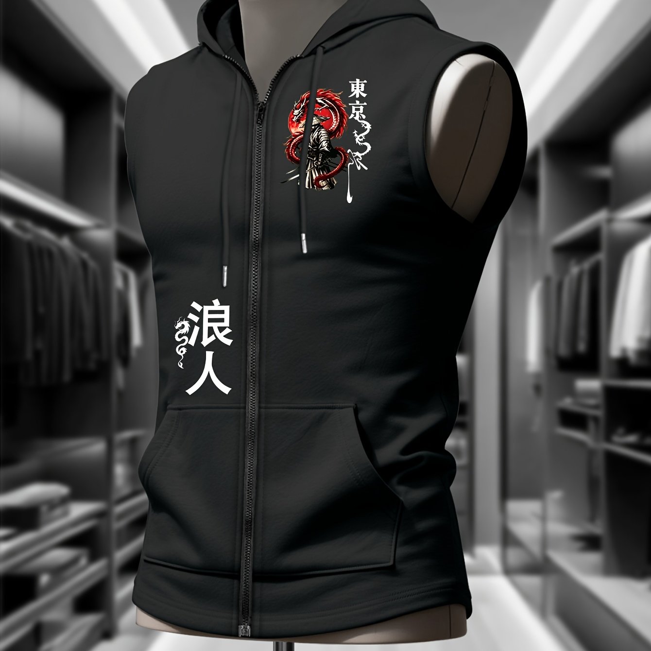 TEMU Zip-up Hooded Sports Vest With Flame Tokyo With Sword Theme, Japanese Print, Decoration On Front With Character Emblem, Flame Style Sports Vest