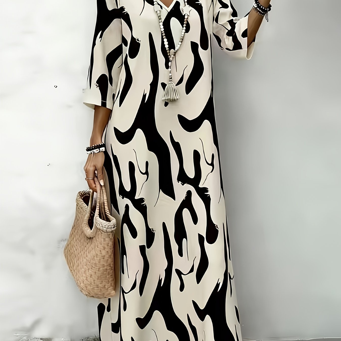 TEMU Women's Elegant Casual Printed Dress, Suitable For Spring Summer Autumn Outdoor Walking Outfit