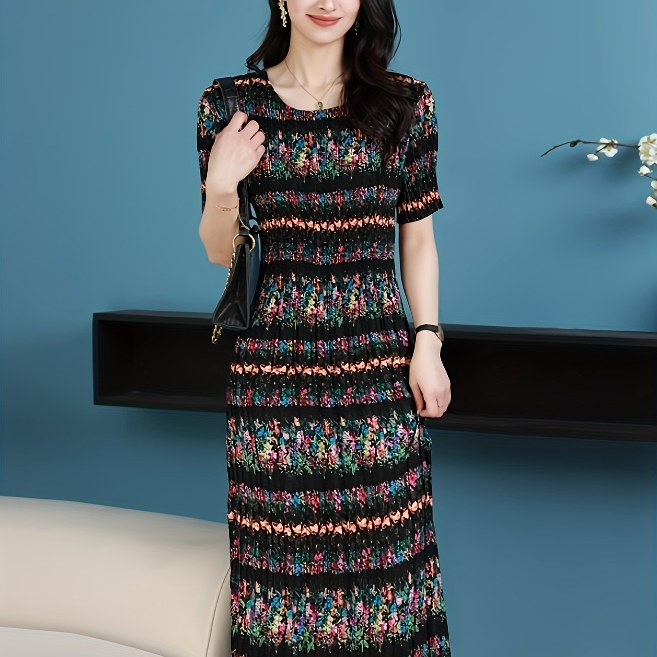 E-shop Better Tomorrow Damen Französischer Stil Kurzarm-Midi-Kleid - Blumenmuster Smockkleid mit Plissees, lockerer Schnitt für Frühling/Sommer,