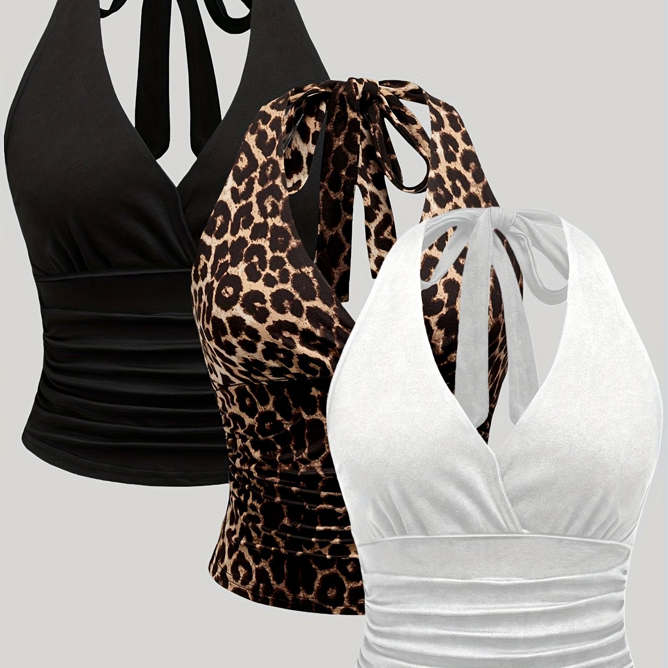 TEMU Plus Size - Plus Size - Western Spring Summer Fall Leopard Plus Size Halter Tank Top 3pcs Set
