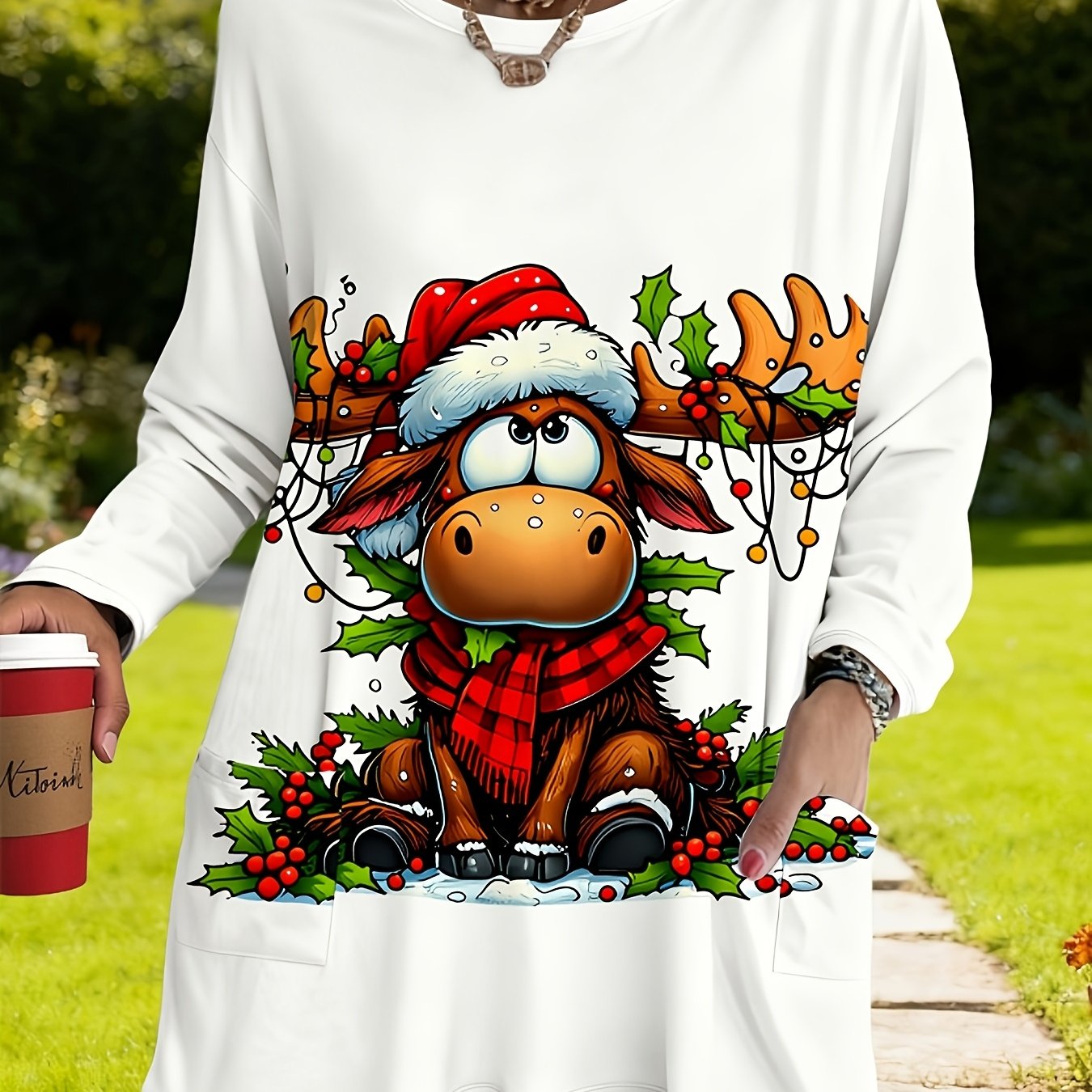 TEMU Plus Size - Plus Size - Funny Cartoon Reindeer Printed White Long-sleeve Plus-size Women's T-shirt With Double Pockets And A Trendy Round Neck