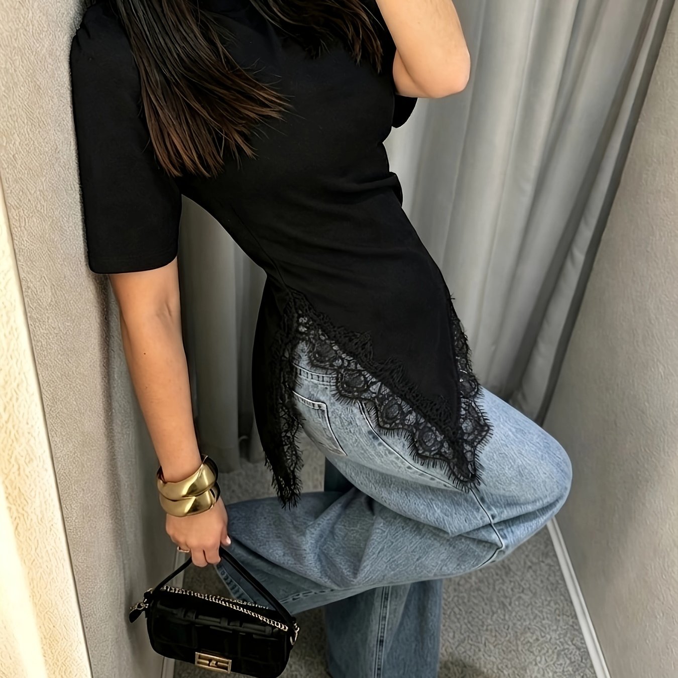 TEMU Women's Summer Elegant Round Neck Solid Color T-shirt With Lace , Side Slit Design, And Asymmetric Hem