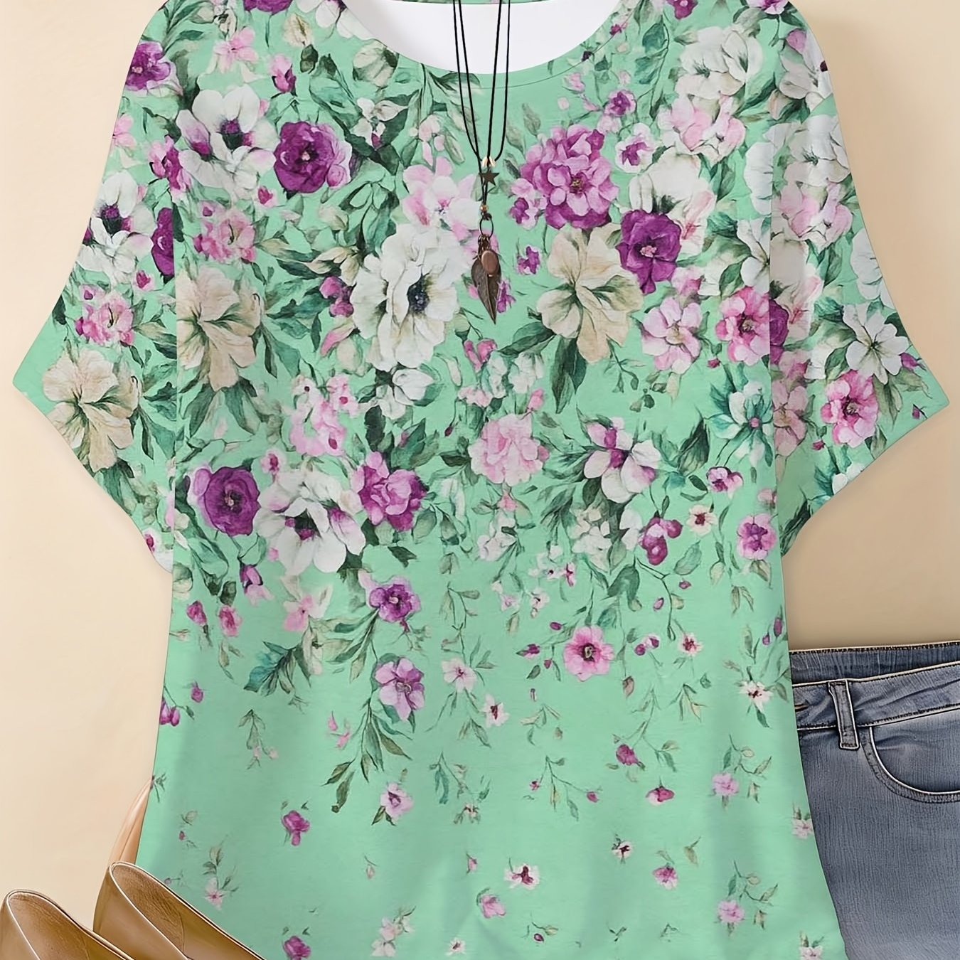 Image of Plus Size - Plus Size - Plus Size Women's Casual Everyday Crew Neck T-shirt, In Sizes 0xl To 9xl, Featuring A Spring Floral Print Design In Mint Green, Pink, And Purple