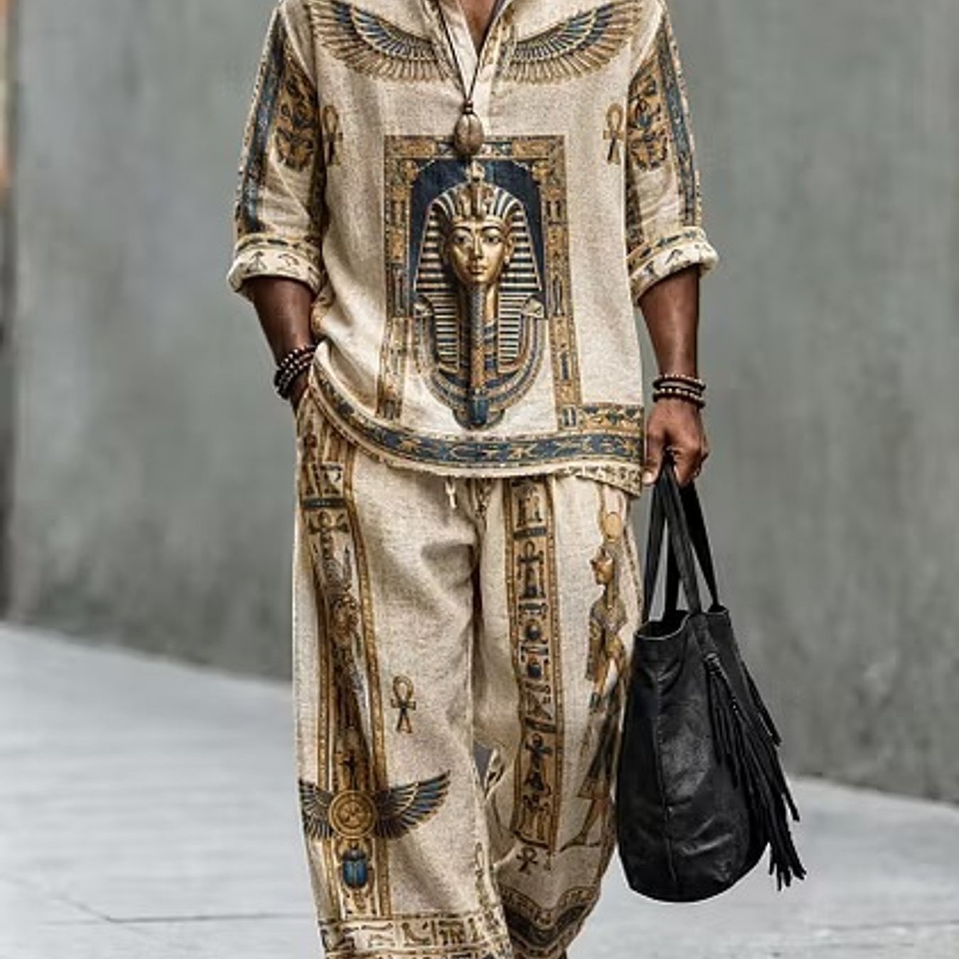 Image of Standard Size Men's Loose Two-piece Set - 's Fashion Retro Egyptian Hieroglyphic Pharaoh Pattern Style Suit 2pcs Set, Adult Men's Holiday Gift For Daily Wear