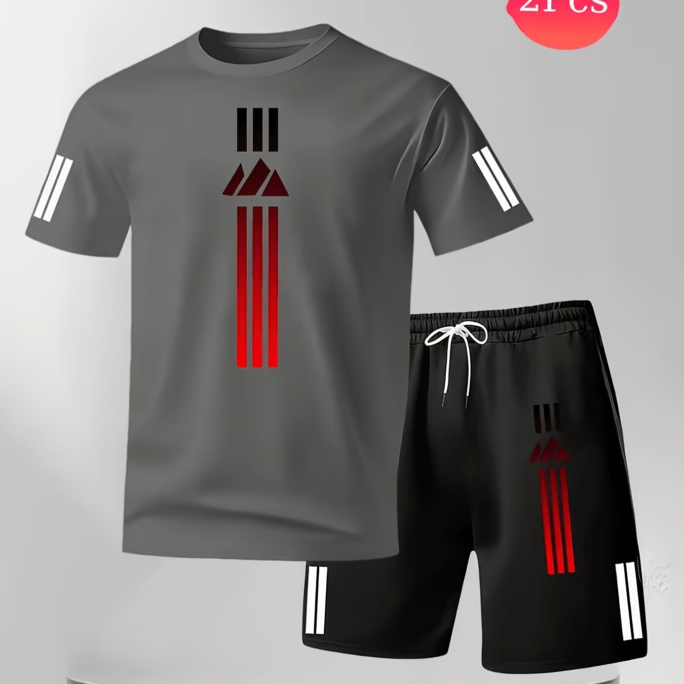 TEMU Men's Red Striped Triangle Print Breathable Set Quick-drying Short-sleeved T-shirt   Drawstring Shorts Two-piece Set Summer Cool And Non-sweaty