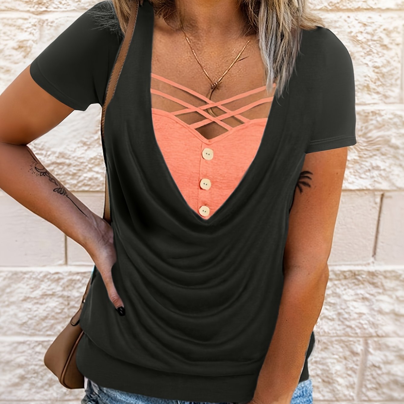 Casual Loose Blouse Tops For Women Featuring A Colorblock Design And Short Sleeves