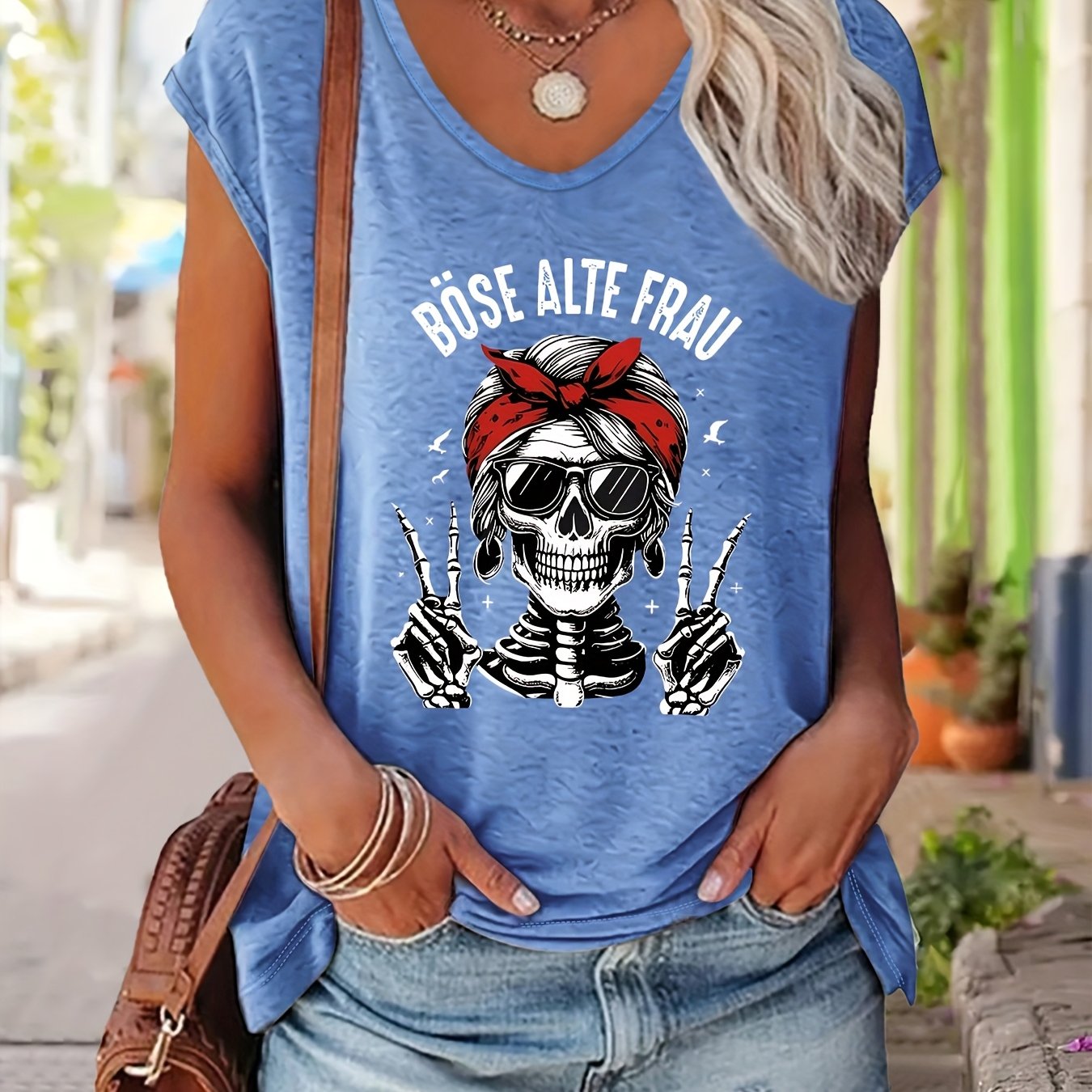 TEMU Tanktop mit Buchstaben-Print, ärmelloses Freizeit-Top mit V-Ausschnitt für Sommer & Frühling, Damenbekleidung