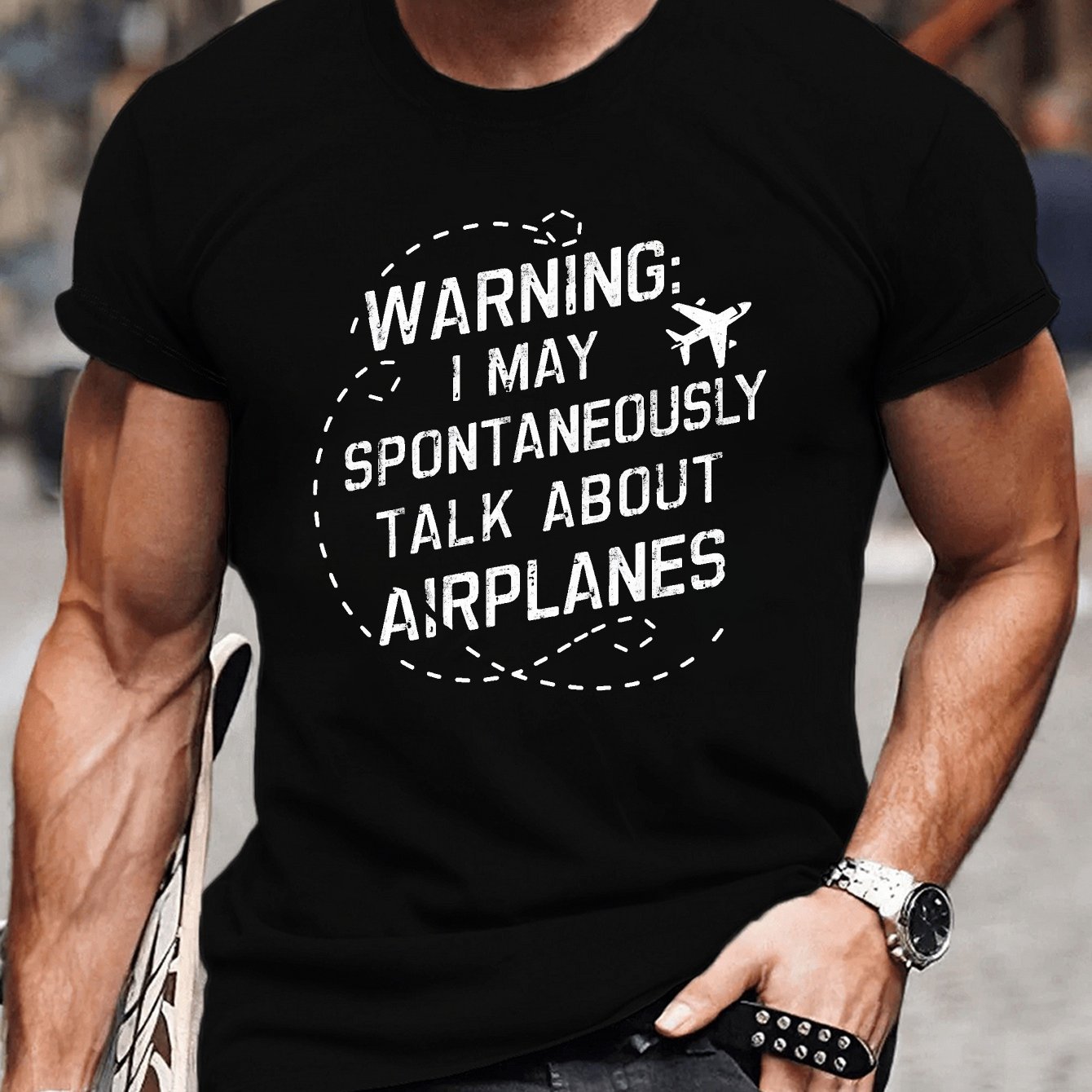 TEMU Warning: Impromptu On Airplanes Graphic T-shirt, Men's Tees, Casual Short Sleeve Summer T-shirt