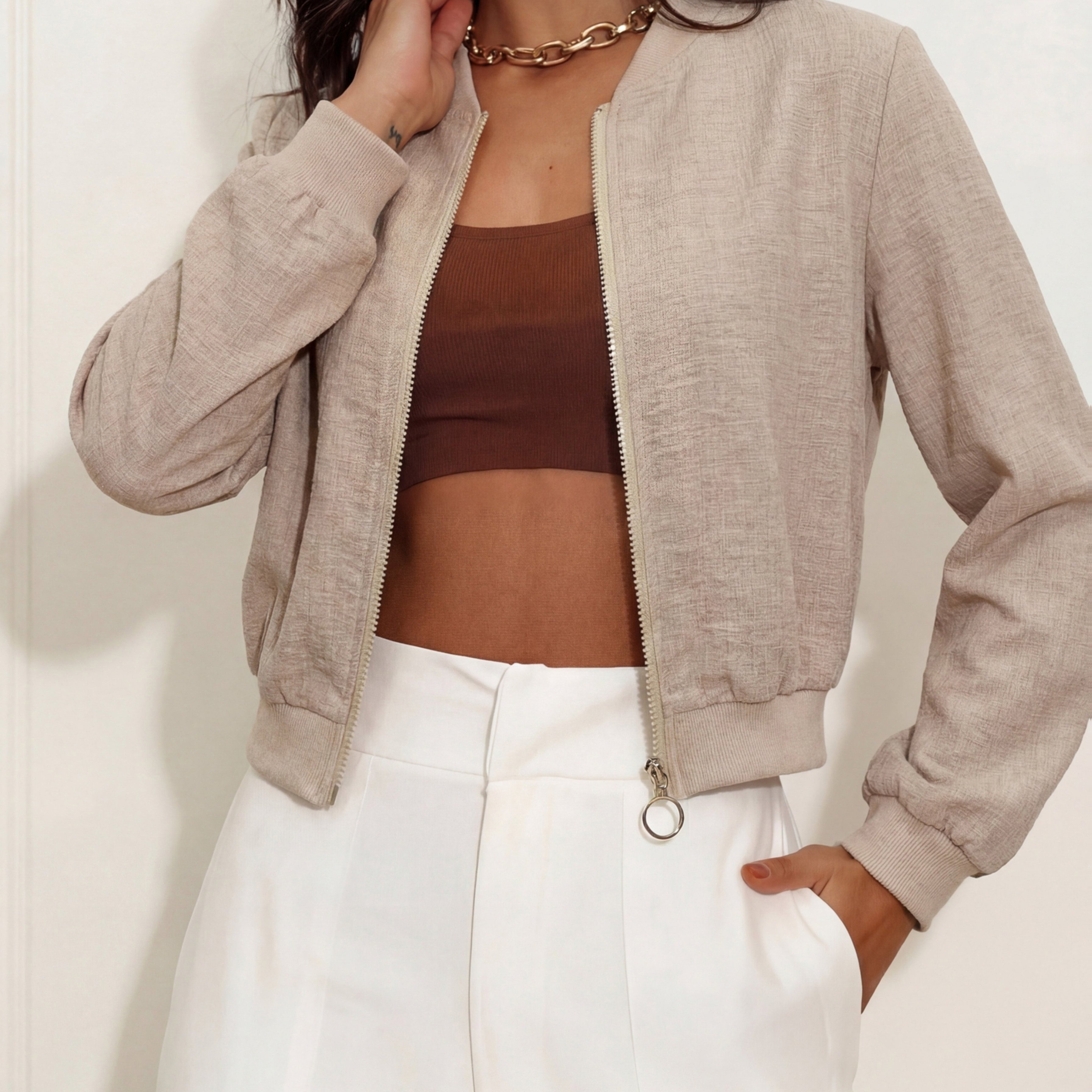 E-shop Damen Frühling/Sommer Neu Casual Elegant Einfarbig Bequemer Strukturierter Stoff Leichte Jacke mit Reißverschluss vorne, Rippkragen, Saum
