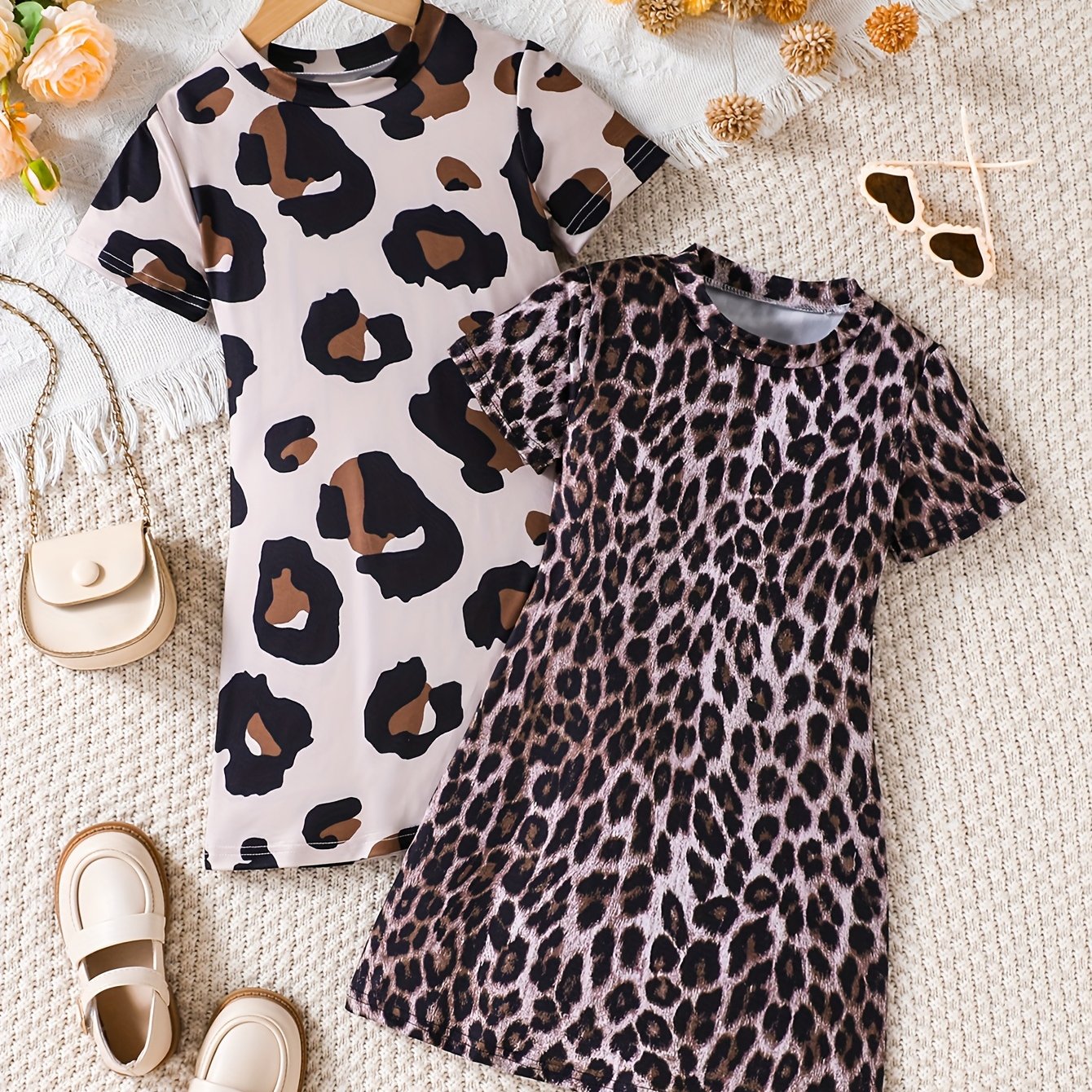 2pcs Young Girl Leopard Print Round Neck Short Sleeve Dress For Summer