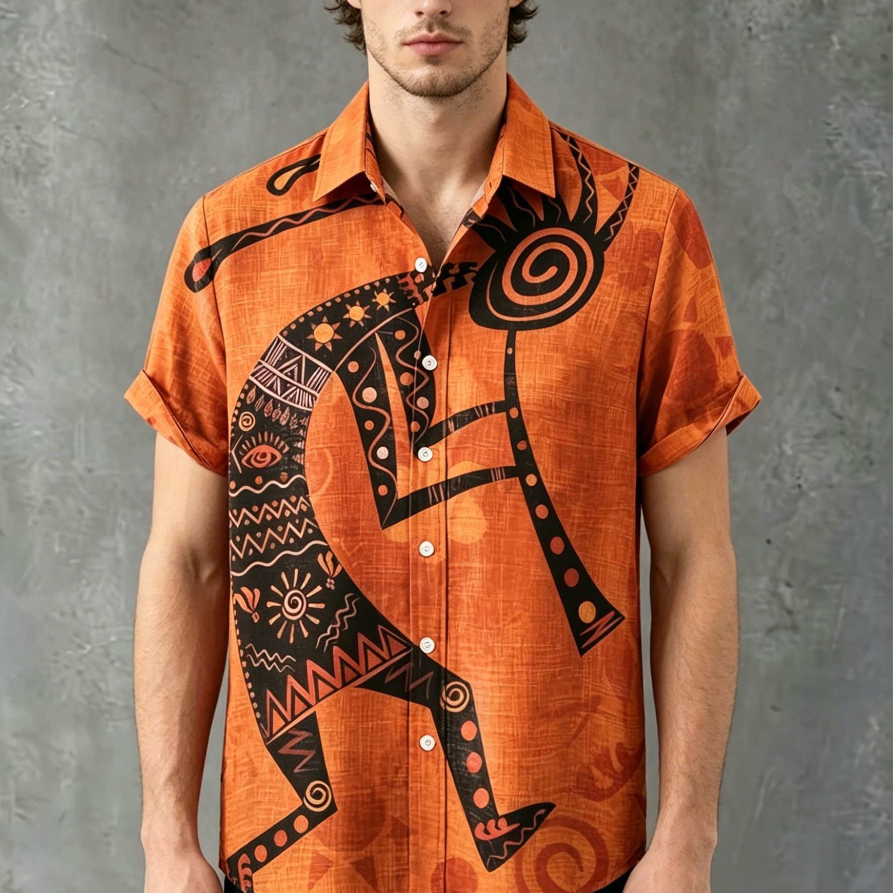 TEMU Summer Men's Retro Orange Ethnic Style Character Print Short Sleeve Shirt Stand Collar Design With Exquisite Buttons Casual