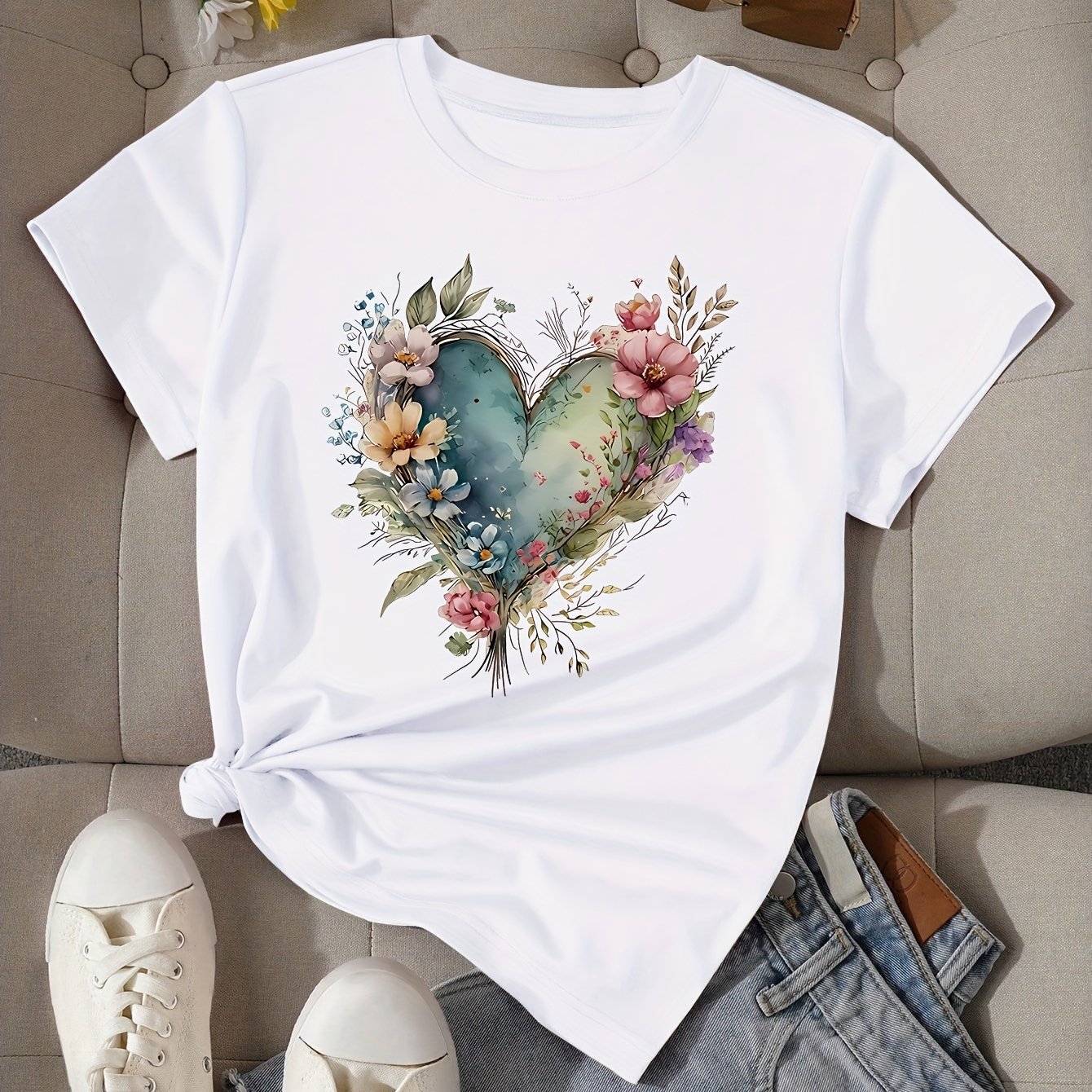 Image of Heart Print T-shirt, Short Sleeve Crew Neck Casual Top For Summer & Spring, Women's Clothing