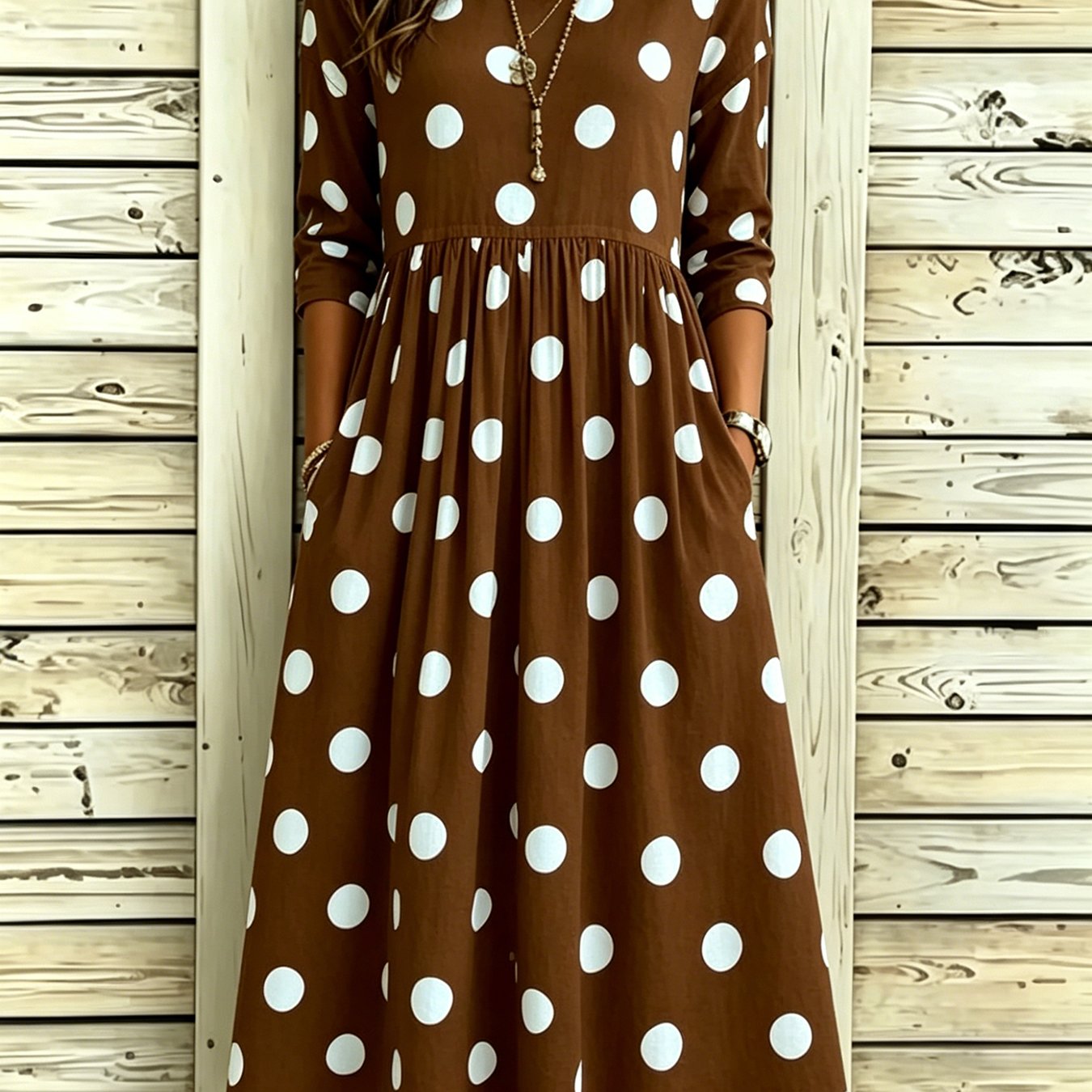 Summer Women's Polka Dot Print Midi Dress, Casual 3/4 Sleeve Round Neck A-line Dress With Side Pockets