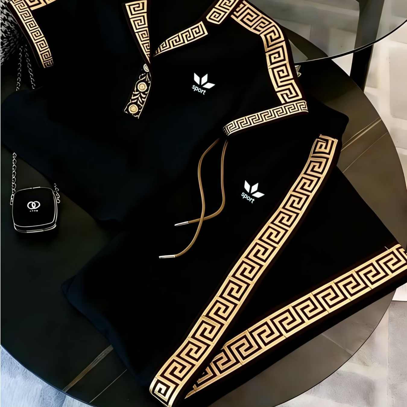 Greek Key Trim Men' Set Black Casual Trendy Geometric Pattern Athletic Outfit For Adults Men Sportswear Casual Wear
